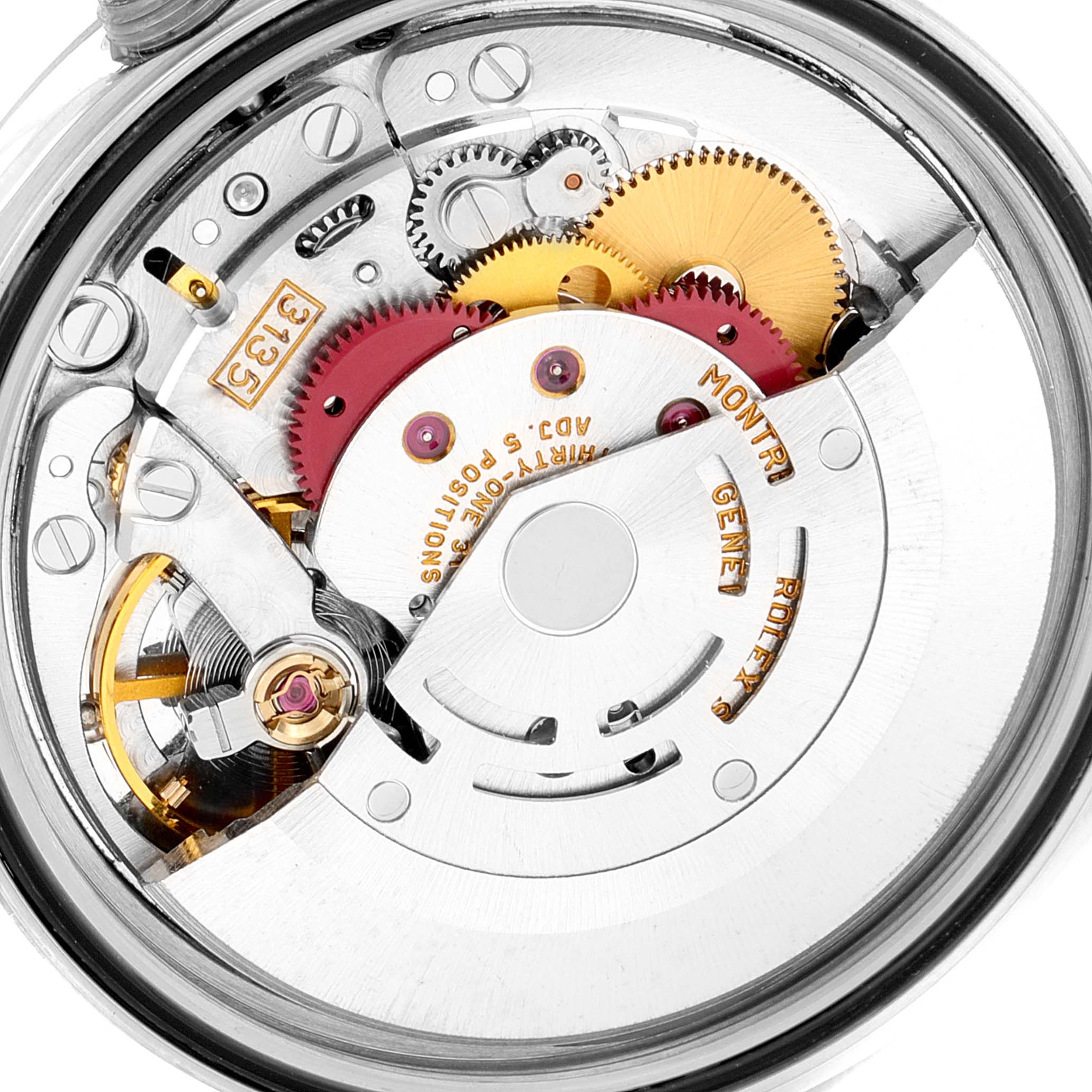 This is a close-up view of the movement and internal mechanisms of a Rolex Datejust 16234 Men's Stainless Steel Silver Dial 16234 Men's Stainless Steel Silver Dial watch.