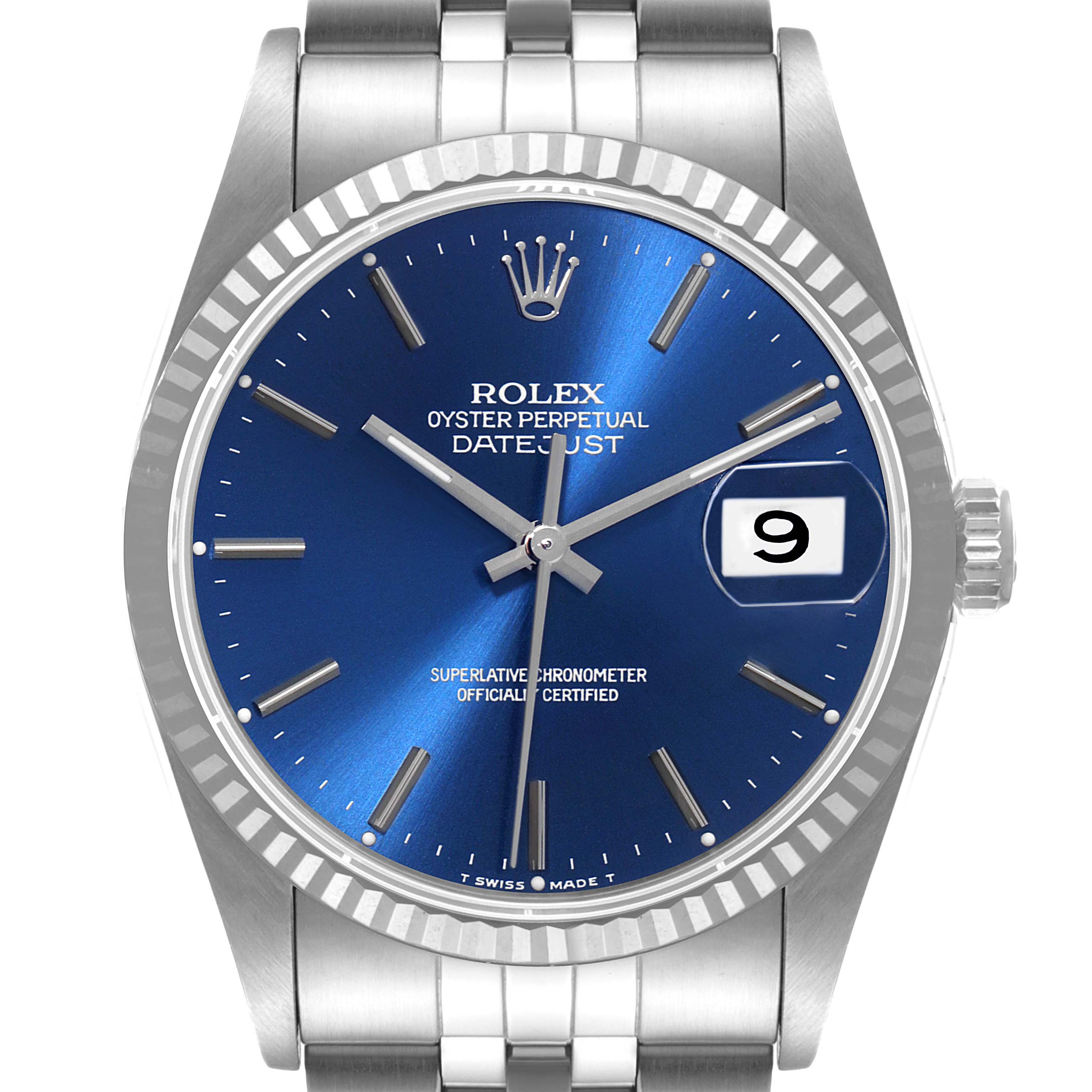 This image shows a front view of the Rolex Datejust 16234 Men's Stainless Steel Silver Dial 16234 Men's Stainless Steel Silver Dial watch, highlighting its blue dial, silver markers, date window, and stainless steel bracelet.