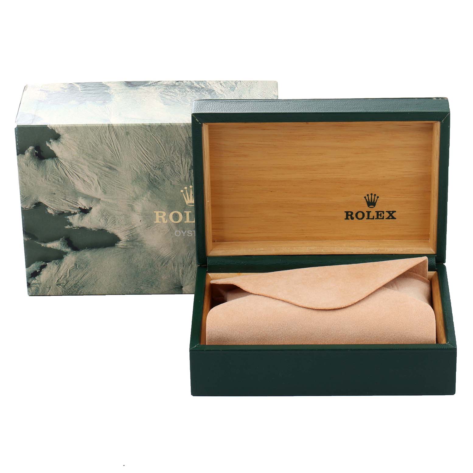 The image shows a Rolex Datejust 16234 Men's Stainless Steel Silver Dial 16234 Men's Stainless Steel Silver Dial watch box with the lid open, revealing a suede pouch inside, along with the outer packaging.