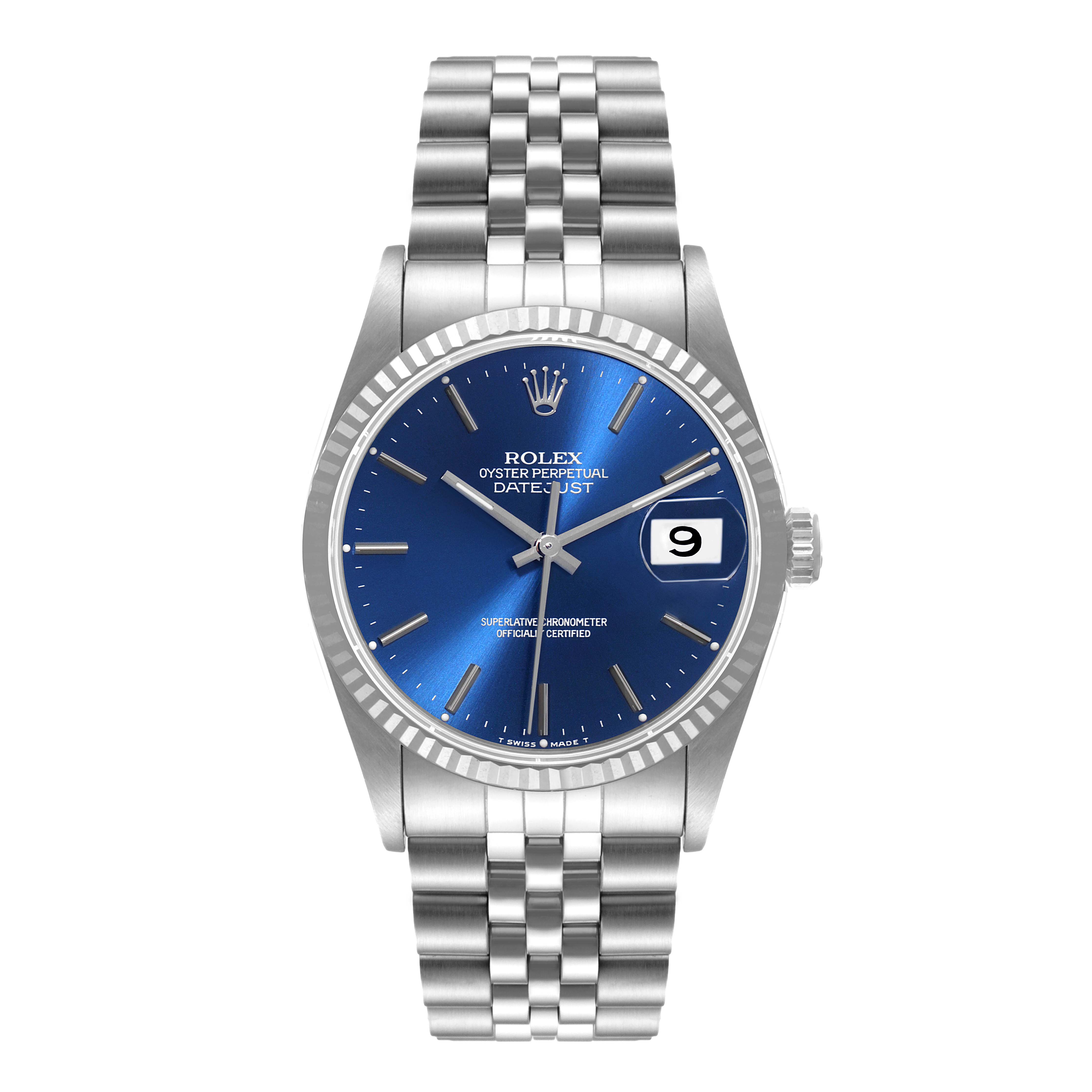 The image shows a Rolex Datejust 16234 Men's Stainless Steel Silver Dial 16234 Men's Stainless Steel Silver Dial watch from the front, featuring a blue dial, date display, and stainless steel jubilee bracelet.