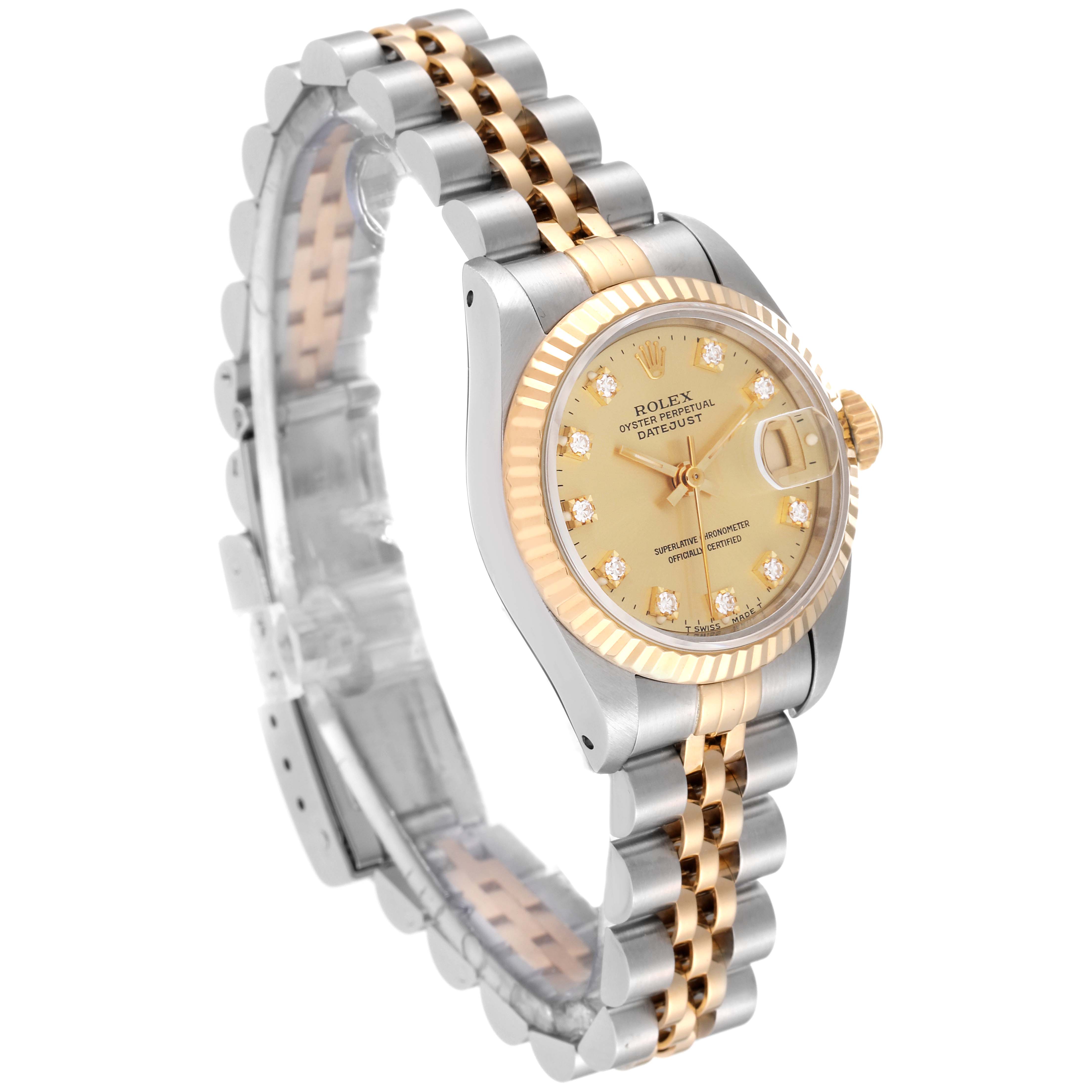 This image shows a side angle of a Rolex Datejust 69173G Women's Steel and Gold (two tone) Champagne Dial 69173G Women's Steel and Gold (two tone) Champagne Dial watch, highlighting its two-tone bracelet and diamond-studded dial.