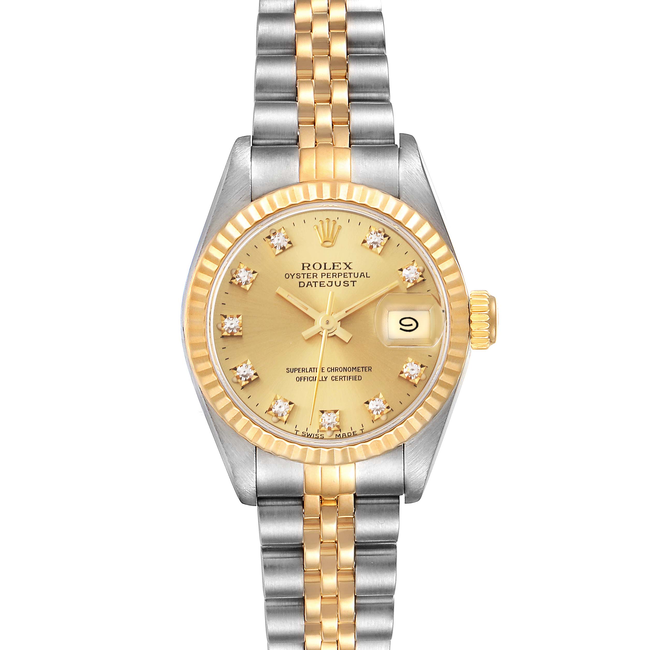 The image shows a front view of a Rolex Datejust 69173G Women's Steel and Gold (two tone) Champagne Dial 69173G Women's Steel and Gold (two tone) Champagne Dial watch with a two-tone bracelet and a gold dial.