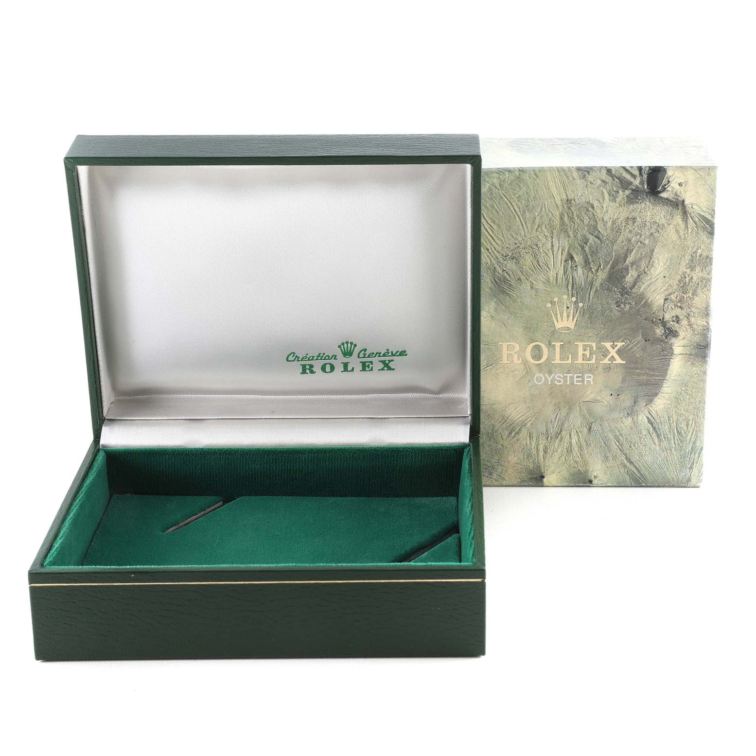 The image shows an open Rolex Datejust 69173G Women's Steel and Gold (two tone) Champagne Dial 69173G Women's Steel and Gold (two tone) Champagne Dial watch box at an angle, revealing the inner lining and an outer sleeve.