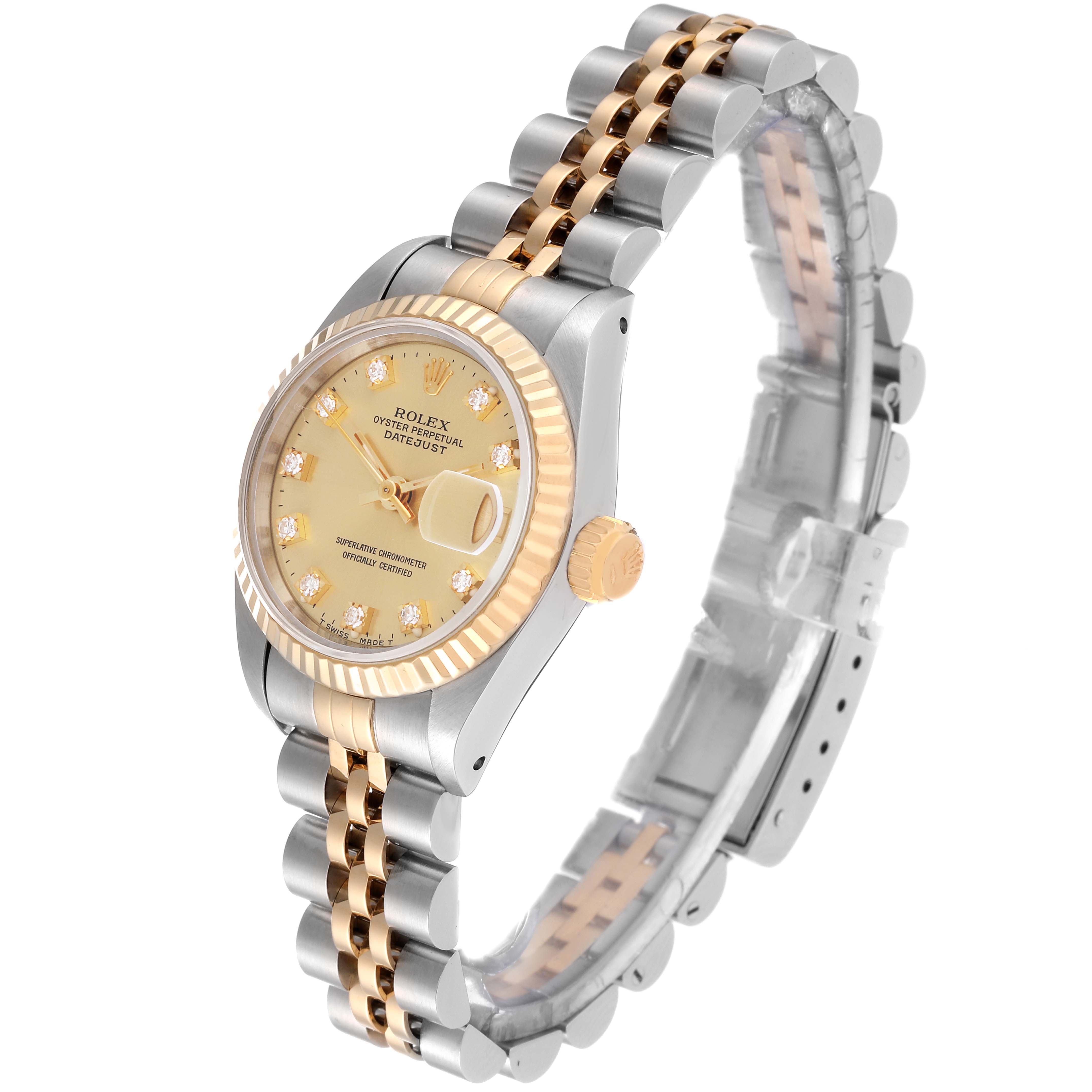 The image shows a side view of a Rolex Datejust 69173G Women's Steel and Gold (two tone) Champagne Dial 69173G Women's Steel and Gold (two tone) Champagne Dial model, highlighting the dial, bezel, crown, and bracelet.