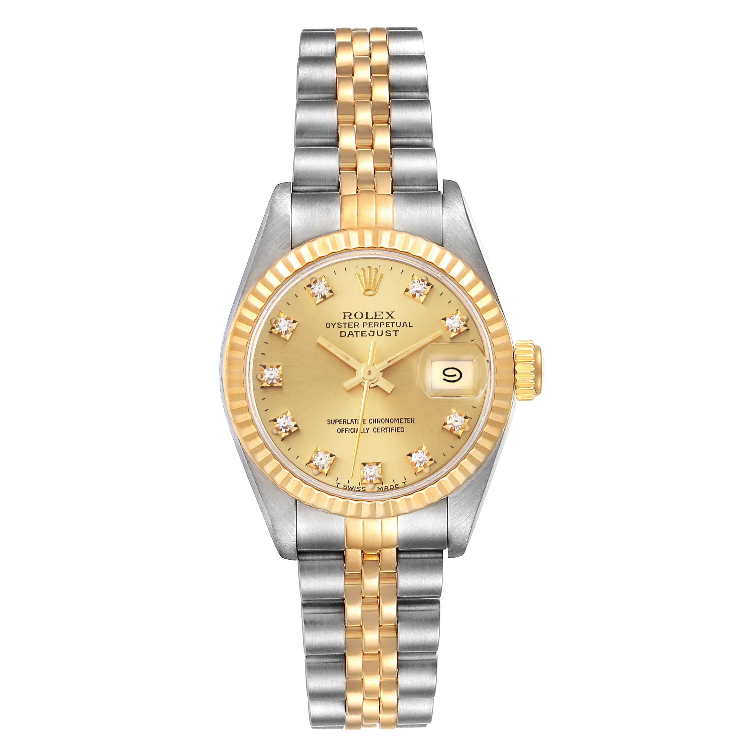 The image shows a front view of a Rolex Datejust 69173G Women's Steel and Gold (two tone) Champagne Dial 69173G Women's Steel and Gold (two tone) Champagne Dial watch with a yellow dial, diamond markers, and a two-tone metal strap.