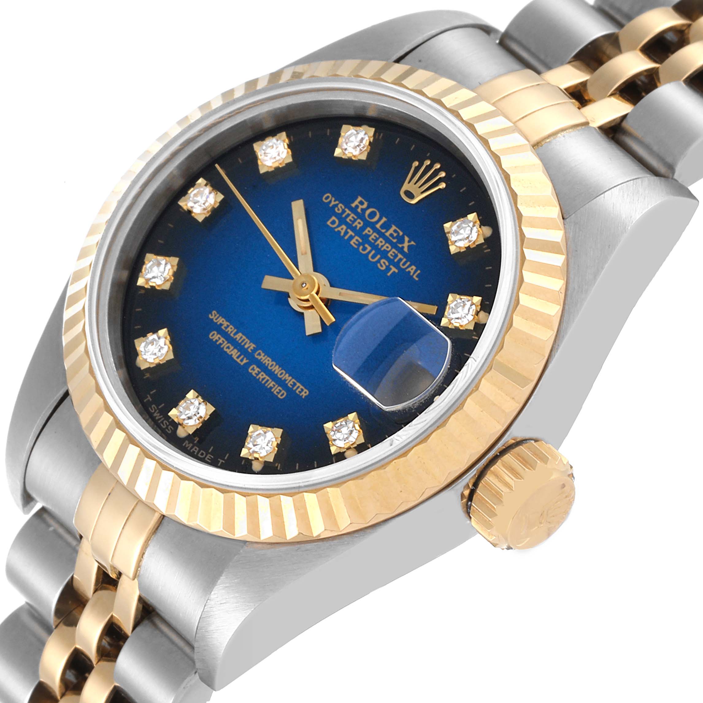 This image shows a close-up view of the Rolex Datejust 69173 Women's Steel and Gold (two tone) Blue Dial 69173 Women's Steel and Gold (two tone) Blue Dial watch, highlighting the dial, bezel, crown, and part of the bracelet.