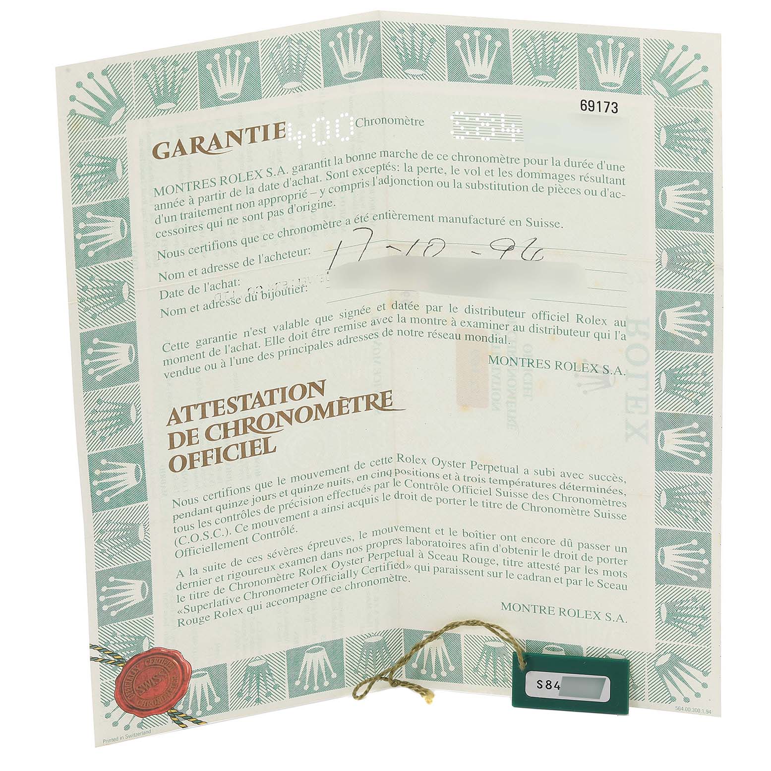 The image shows the warranty and official chronometer certificate for the Rolex Datejust 69173 Women's Steel and Gold (two tone) Blue Dial 69173 Women's Steel and Gold (two tone) Blue Dial model.