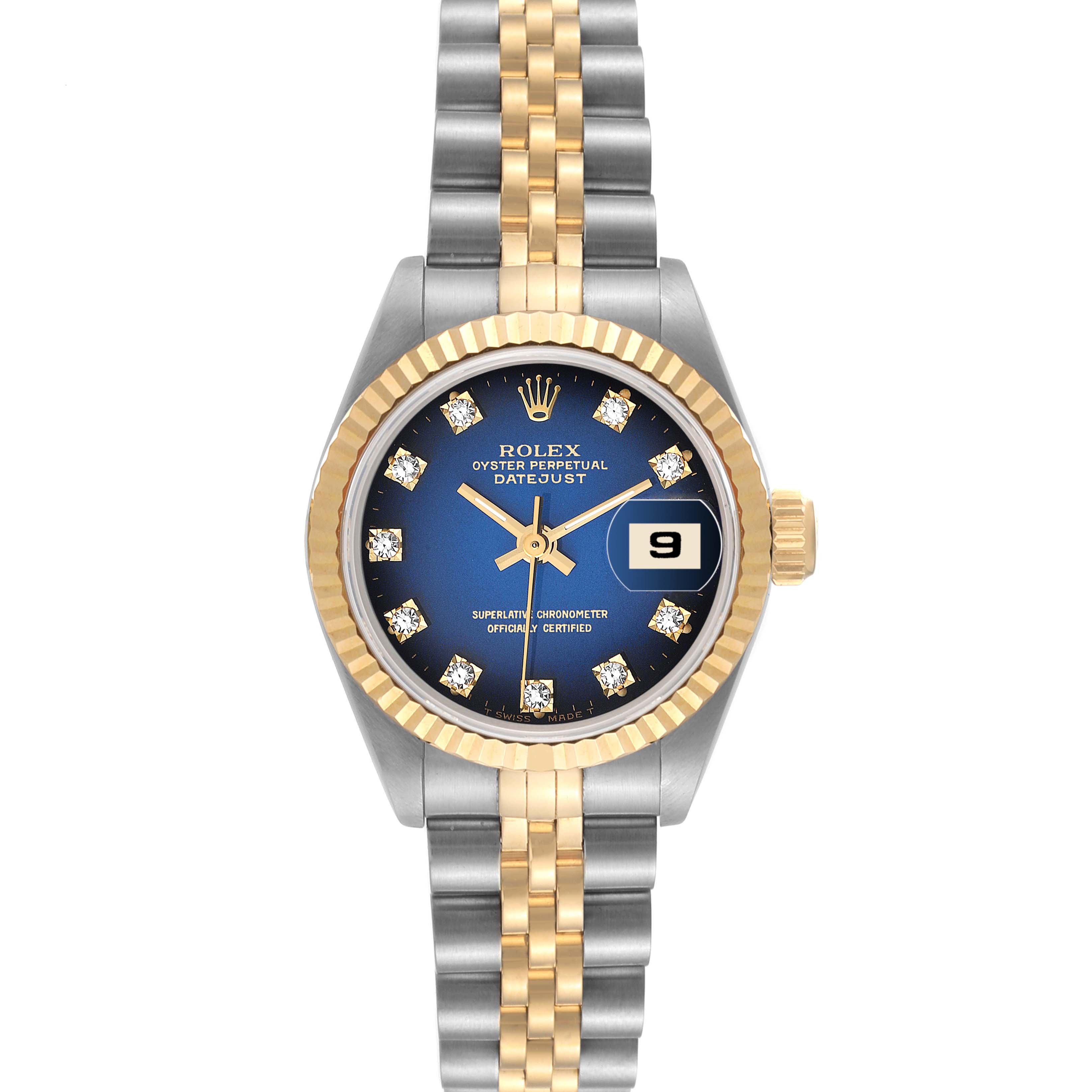 The image shows a front view of the Rolex Datejust 69173 Women's Steel and Gold (two tone) Blue Dial 69173 Women's Steel and Gold (two tone) Blue Dial watch, displaying the face, bezel, and bracelet.