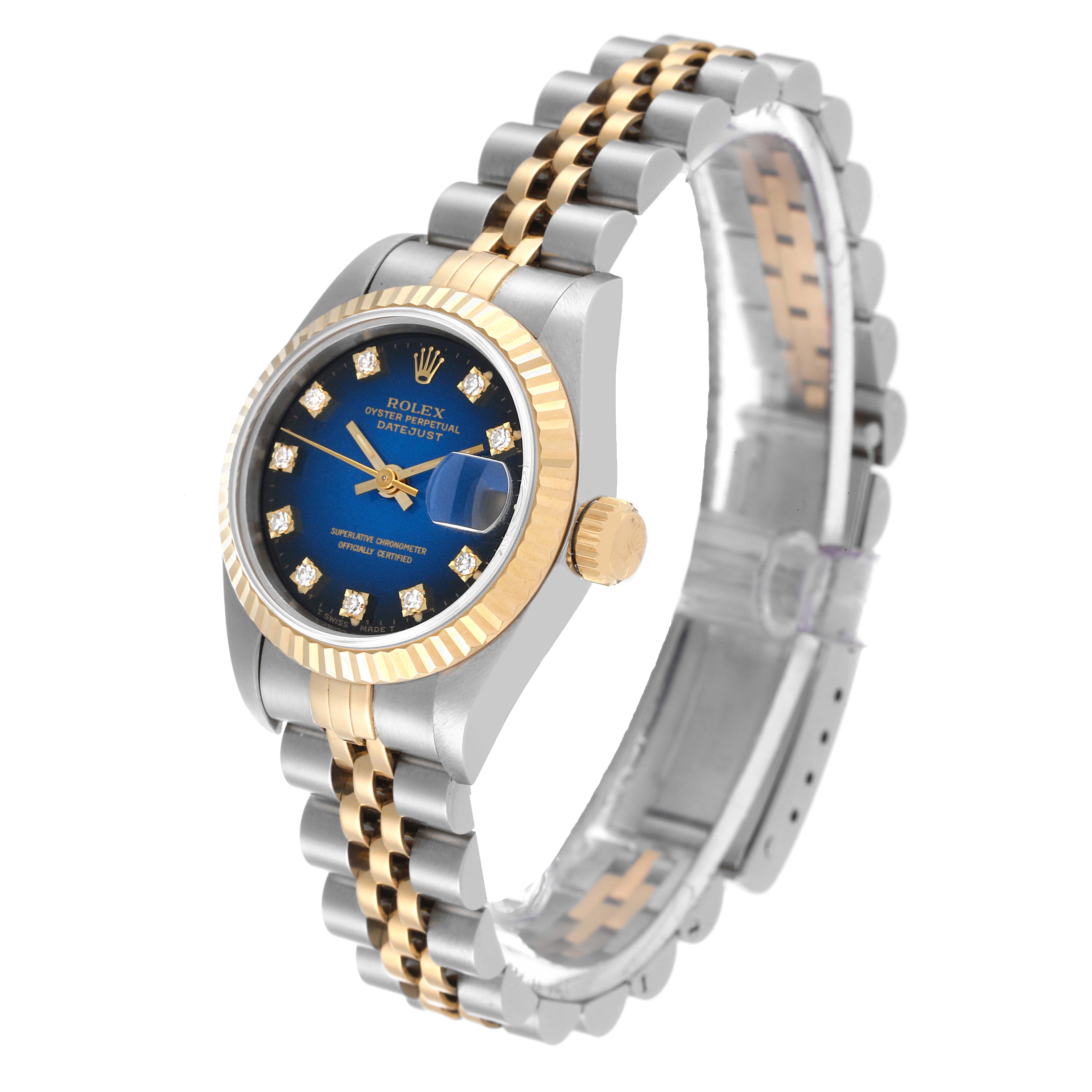 The Rolex Datejust 69173 Women's Steel and Gold (two tone) Blue Dial 69173 Women's Steel and Gold (two tone) Blue Dial watch is shown at a slight angle, highlighting the blue dial, diamond markers, and two-tone bracelet.