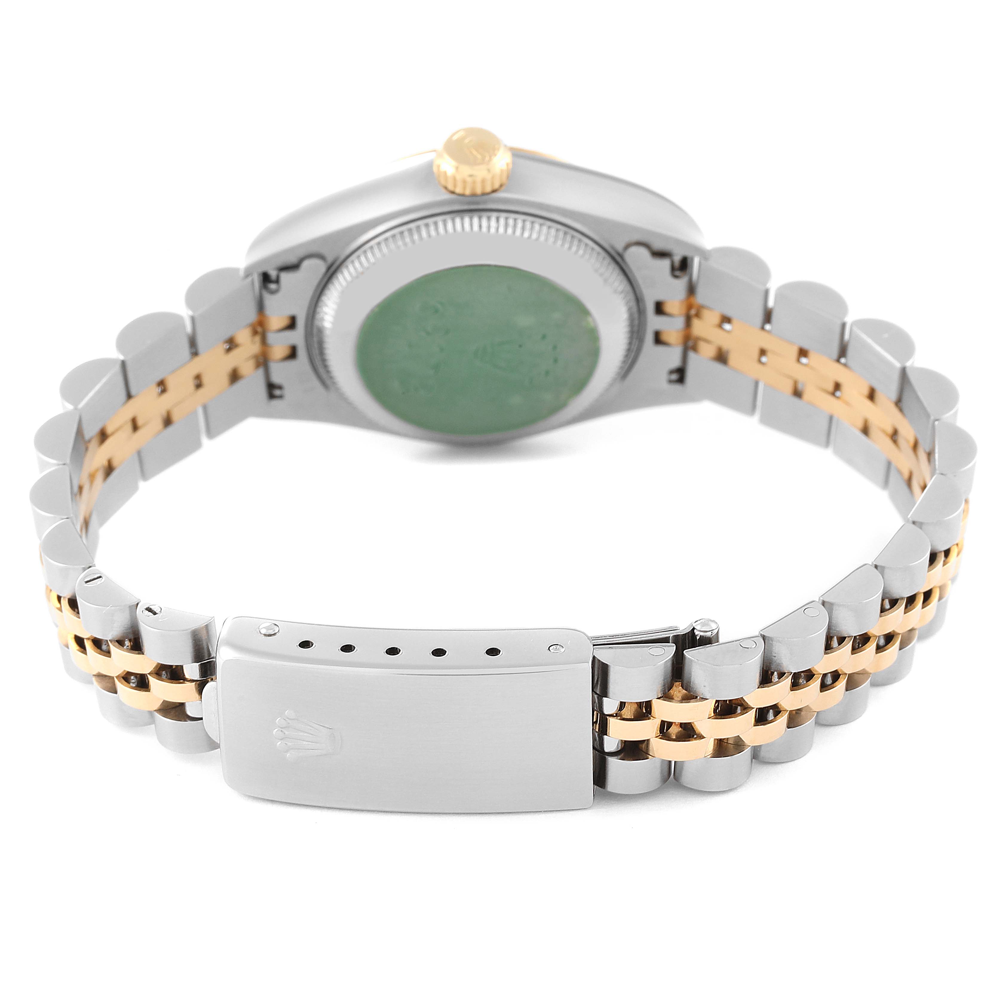 The image shows the back view of a Rolex Datejust 69173 Women's Steel and Gold (two tone) Blue Dial 69173 Women's Steel and Gold (two tone) Blue Dial watch, highlighting the clasp, bracelet, and case back.