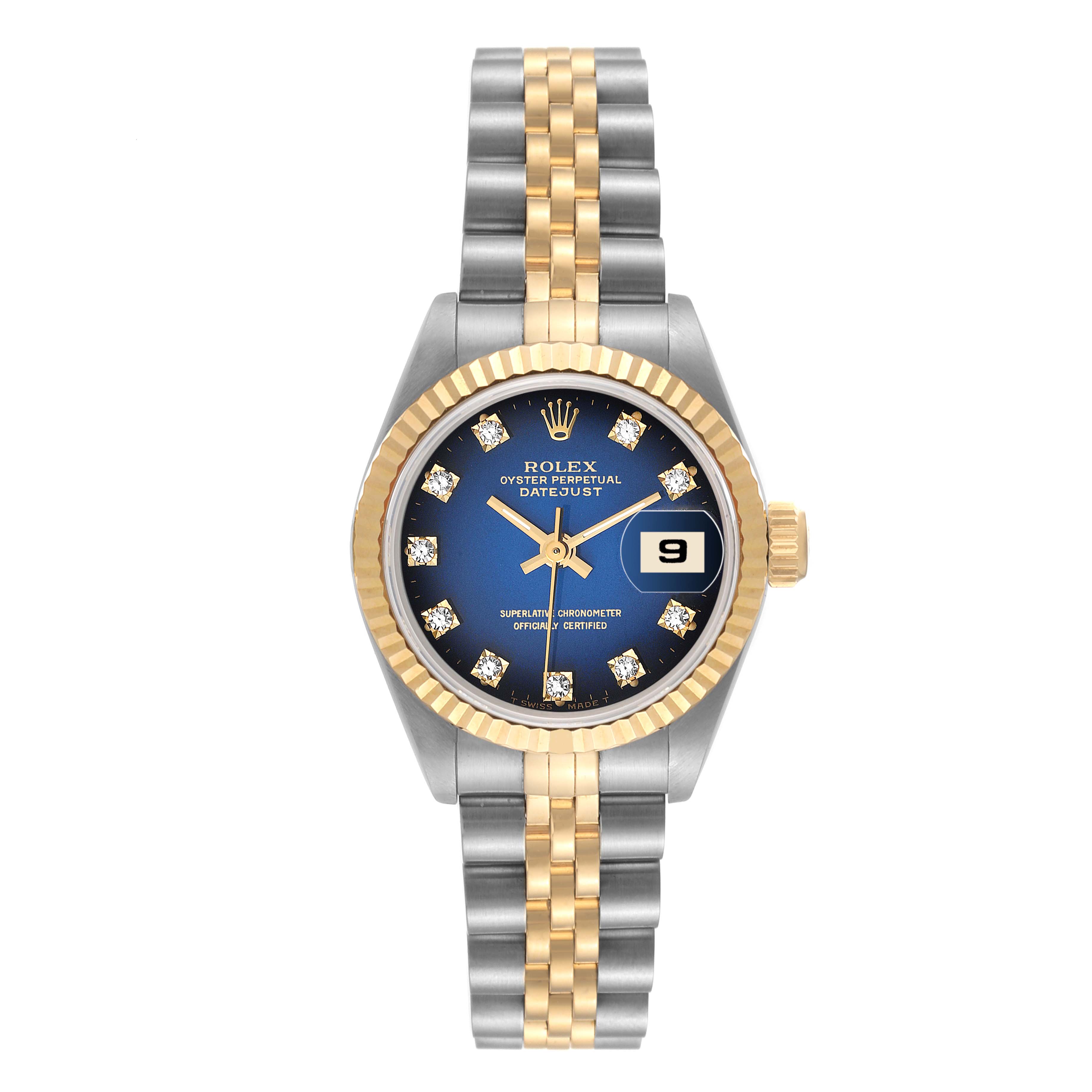 The Rolex Datejust 69173 Women's Steel and Gold (two tone) Blue Dial 69173 Women's Steel and Gold (two tone) Blue Dial watch is shown from the front, displaying its face, fluted bezel, and two-tone bracelet.