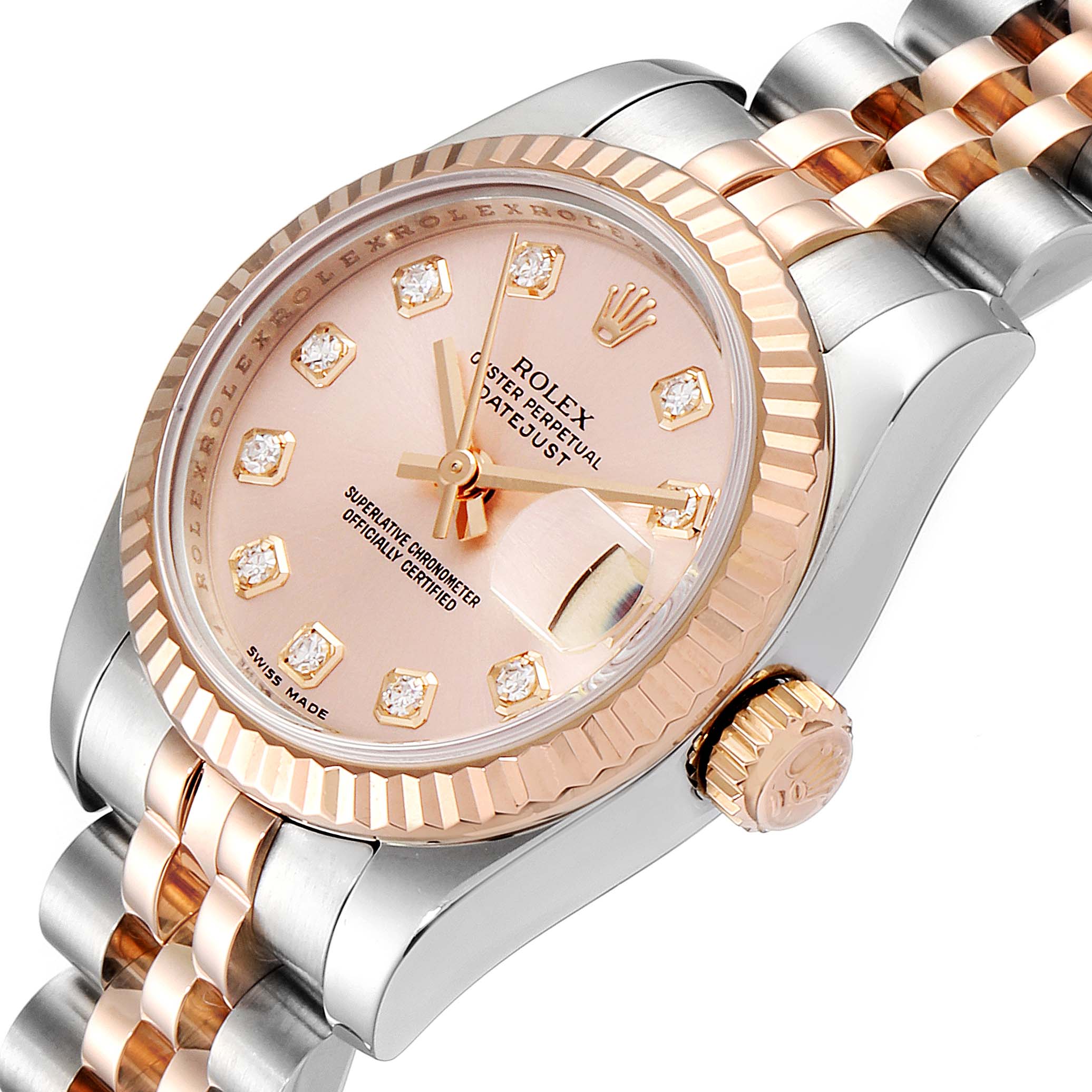The image shows a close-up of a Rolex Datejust 179171 Women's Rose Gold Pink Dial 179171 Women's Rose Gold Pink Dial watch, highlighting the dial, bezel, crown, and part of the bracelet.