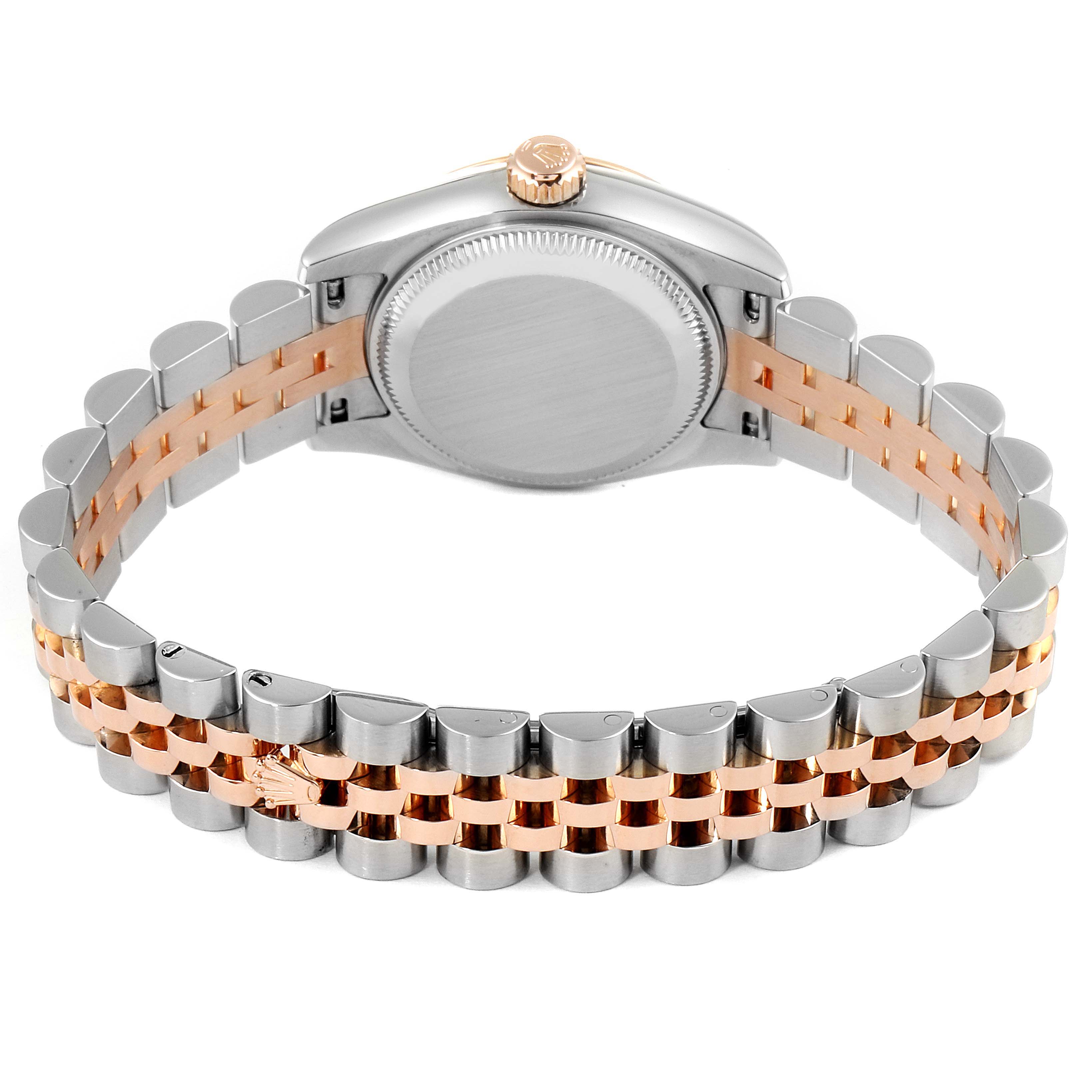 The image shows the back view of a Rolex Datejust 179171 Women's Rose Gold Pink Dial 179171 Women's Rose Gold Pink Dial watch, featuring its two-tone bracelet and closed case back.