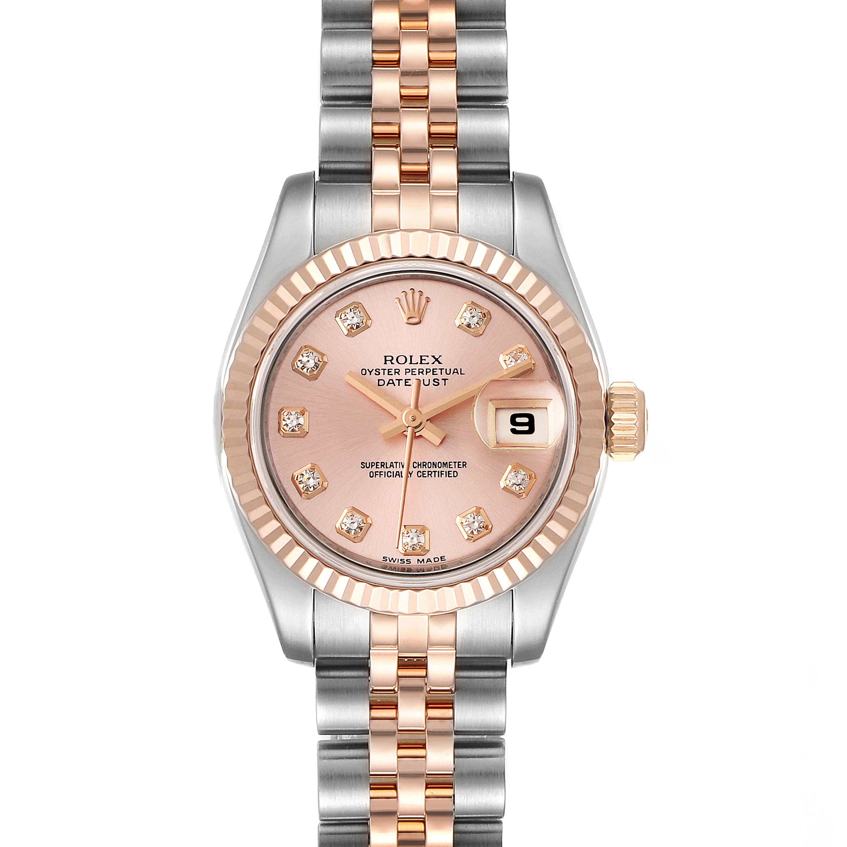 The Rolex Datejust 179171 Women's Rose Gold Pink Dial 179171 Women's Rose Gold Pink Dial watch is viewed from the front, displaying its pink dial, fluted bezel, and two-tone bracelet.
