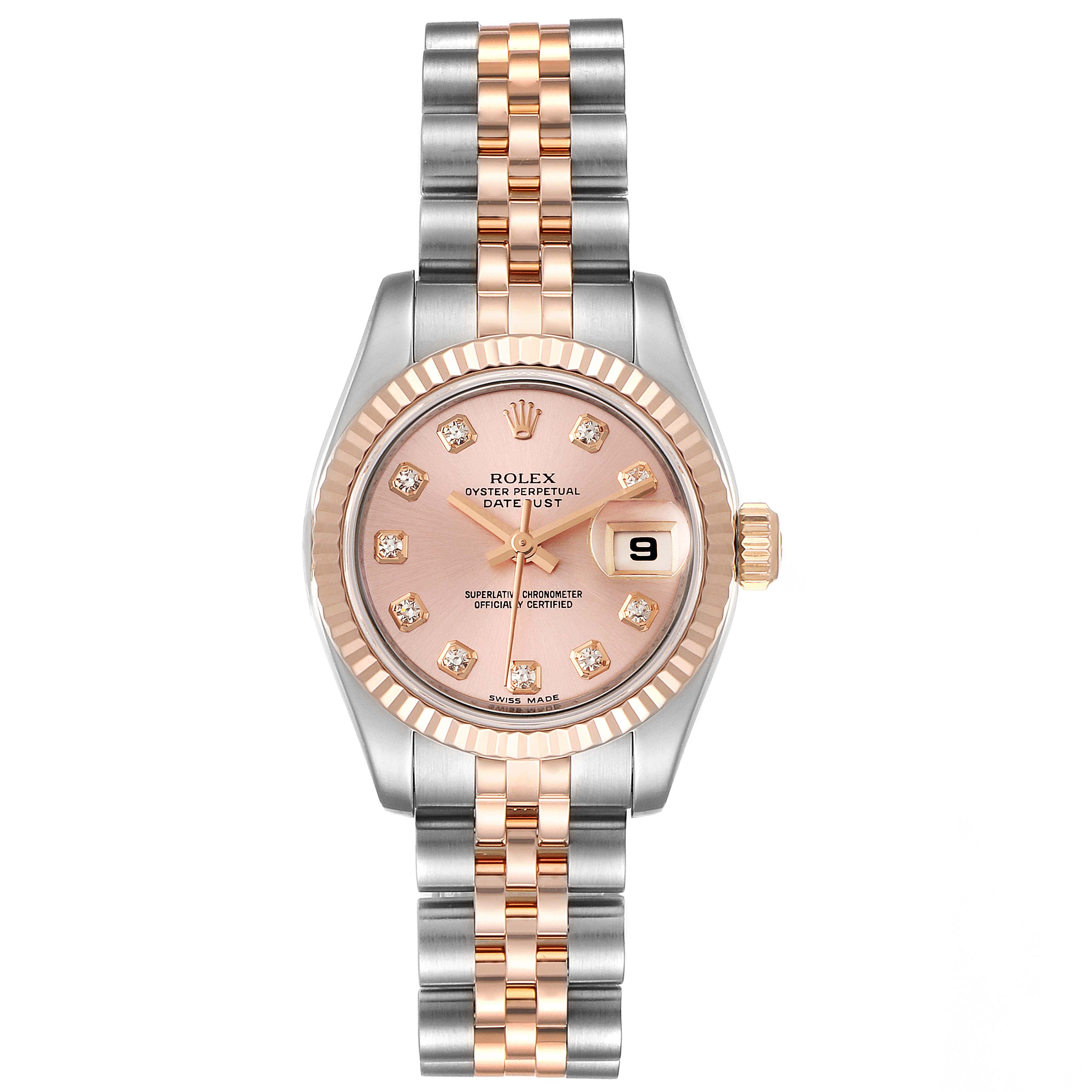 The image shows a front view of a Rolex Datejust 179171 Women's Rose Gold Pink Dial 179171 Women's Rose Gold Pink Dial watch, displaying its dial, bezel, and bracelet.