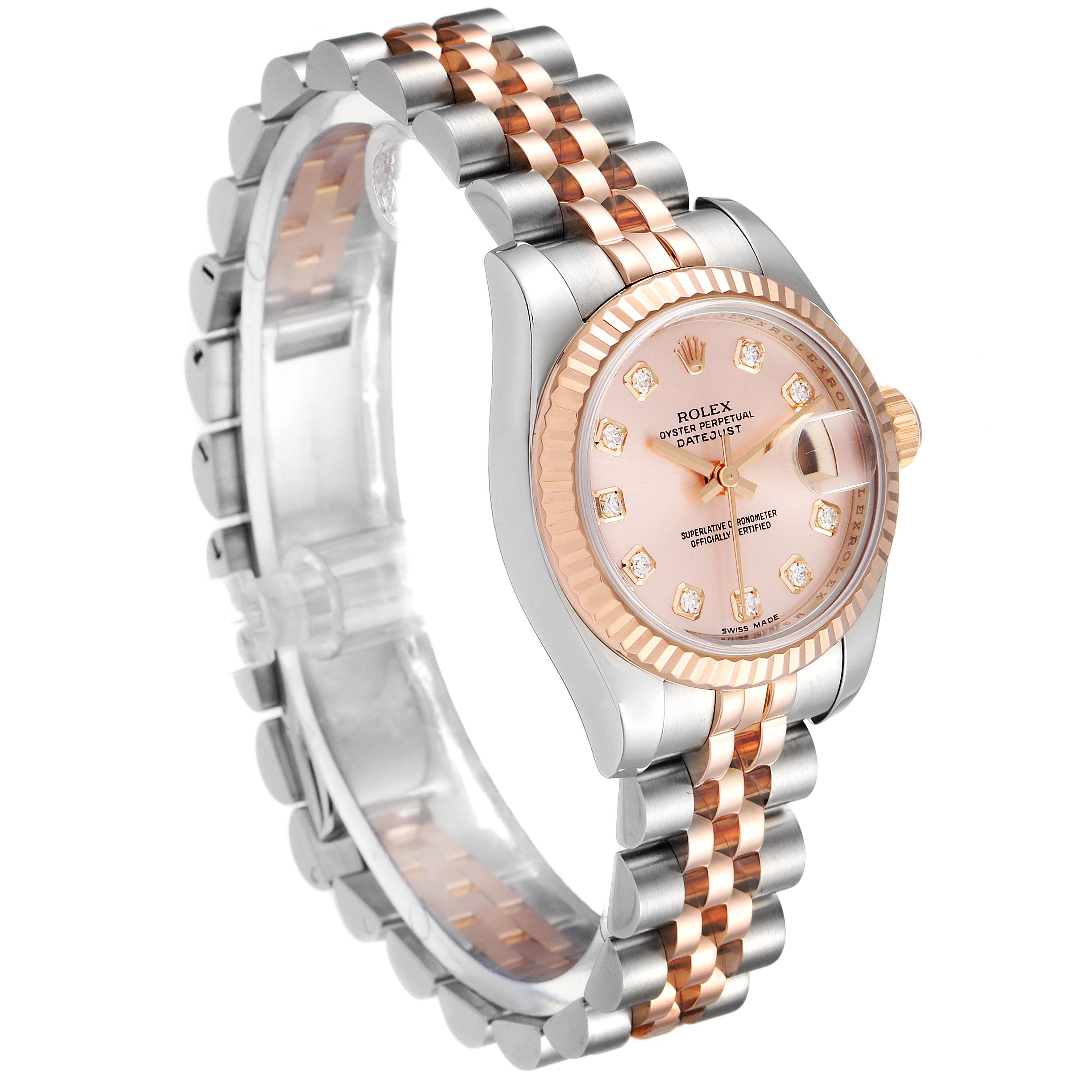 The image shows a side angle of the Rolex Datejust 179171 Women's Rose Gold Pink Dial 179171 Women's Rose Gold Pink Dial watch, highlighting the dial, bezel, and two-tone bracelet.