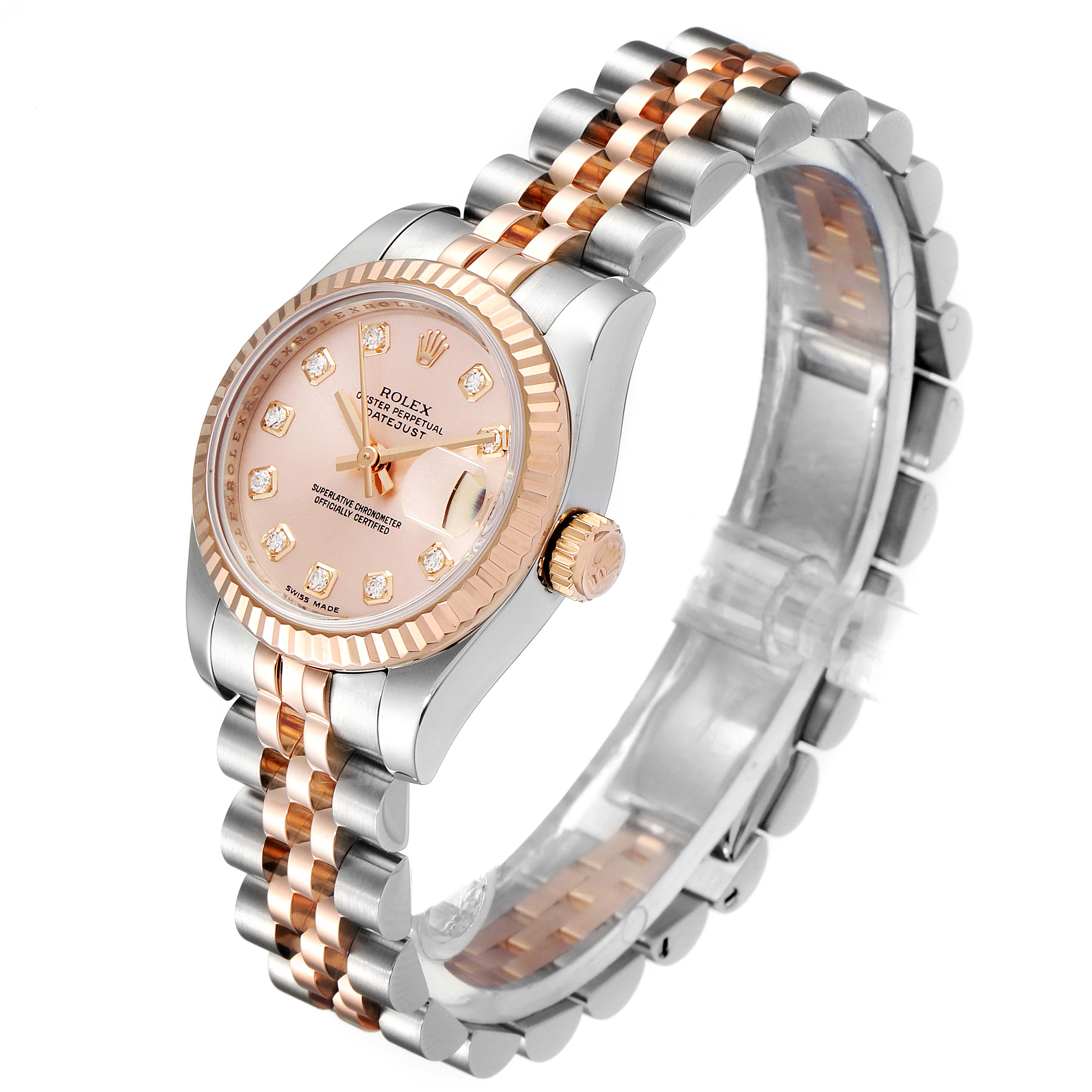 This image shows a Rolex Datejust 179171 Women's Rose Gold Pink Dial 179171 Women's Rose Gold Pink Dial watch at a three-quarter angle, highlighting the dial, bezel, crown, and bracelet.