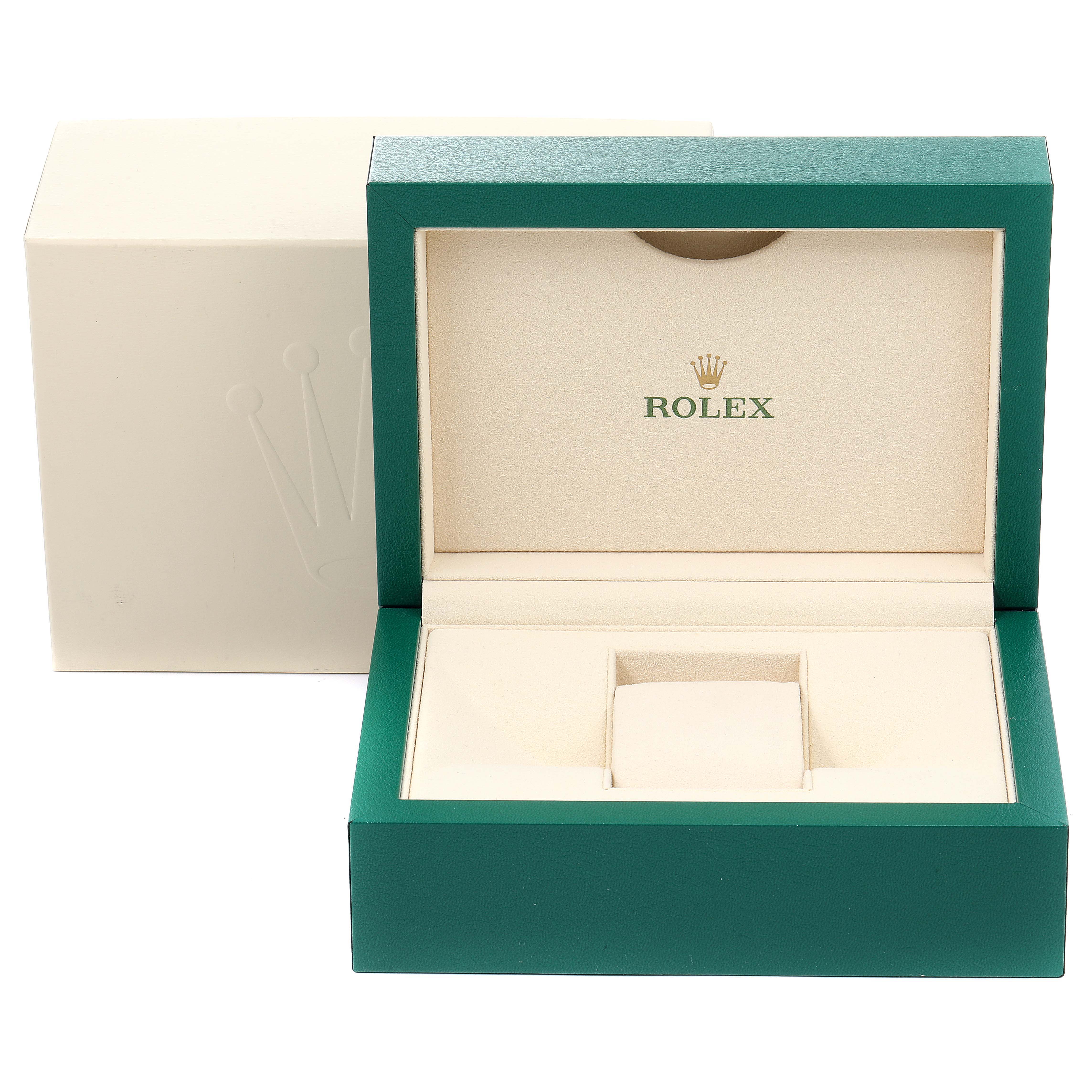 This image shows an open green luxury watch box for a Rolex Datejust 179171 Women's Rose Gold Pink Dial 179171 Women's Rose Gold Pink Dial model.