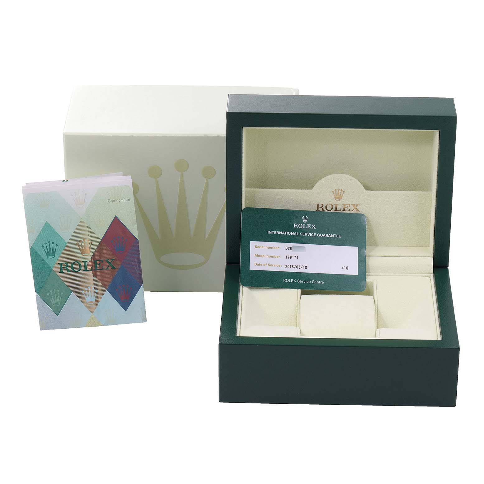 This image shows the packaging and accessories for the Rolex Datejust 179171 Women's Steel and Gold (two tone) Mother of Pearl Dial 179171 Women's Steel and Gold (two tone) Mother of Pearl Dial, including the box, warranty card, and booklet.