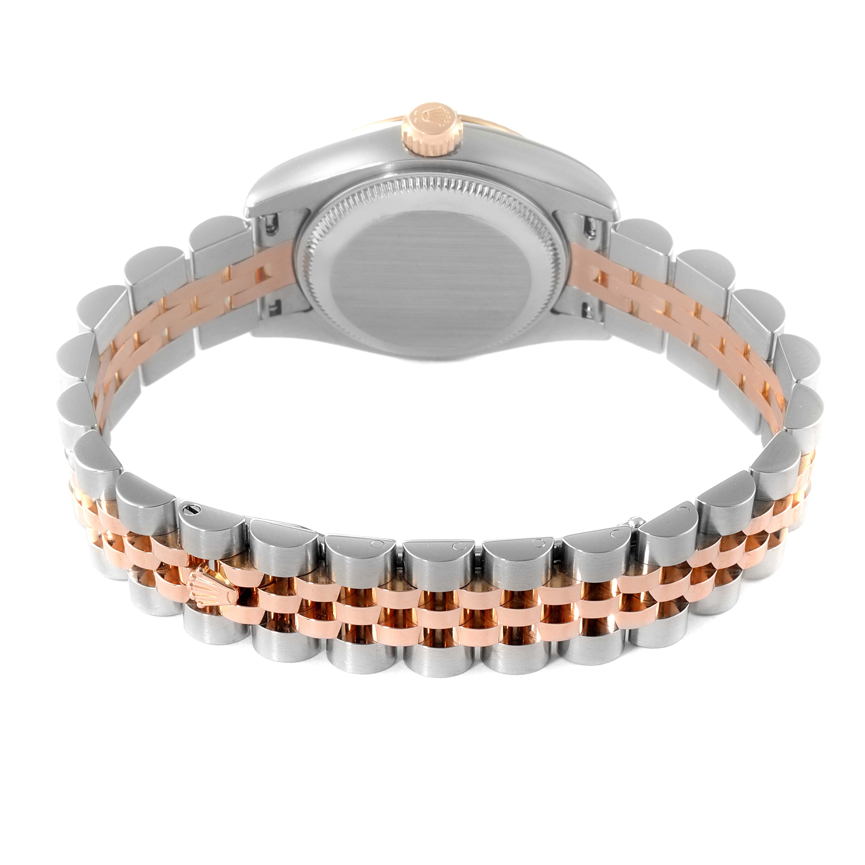 This image shows the back view of a Rolex Datejust 179171 Women's Steel and Gold (two tone) Mother of Pearl Dial 179171 Women's Steel and Gold (two tone) Mother of Pearl Dial watch, highlighting the case back and the two-tone bracelet.