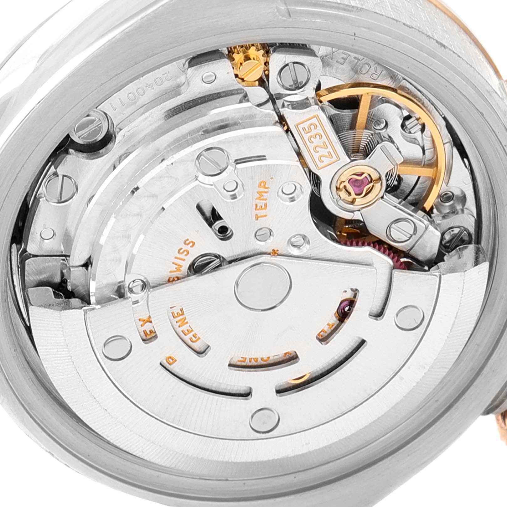 This image shows the movement mechanism of a Rolex Datejust 179171 Women's Steel and Gold (two tone) Mother of Pearl Dial 179171 Women's Steel and Gold (two tone) Mother of Pearl Dial model from an inside, angled perspective.