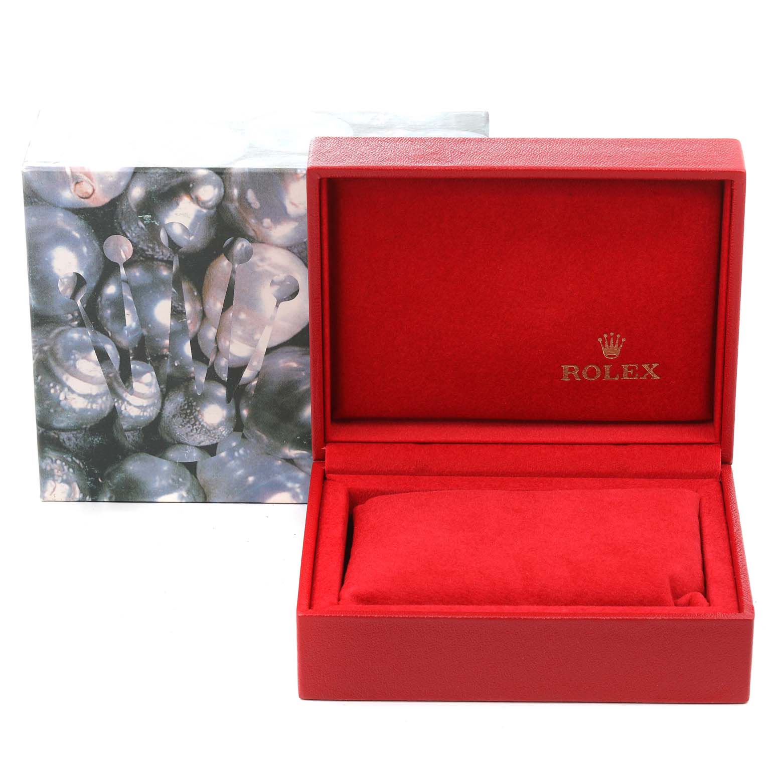 The image shows a red Rolex Datejust 69174 Women's Stainless Steel Pink Dial 69174 Women's Stainless Steel Pink Dial watch box with inner cushioning, and a decorative outer box in the background.