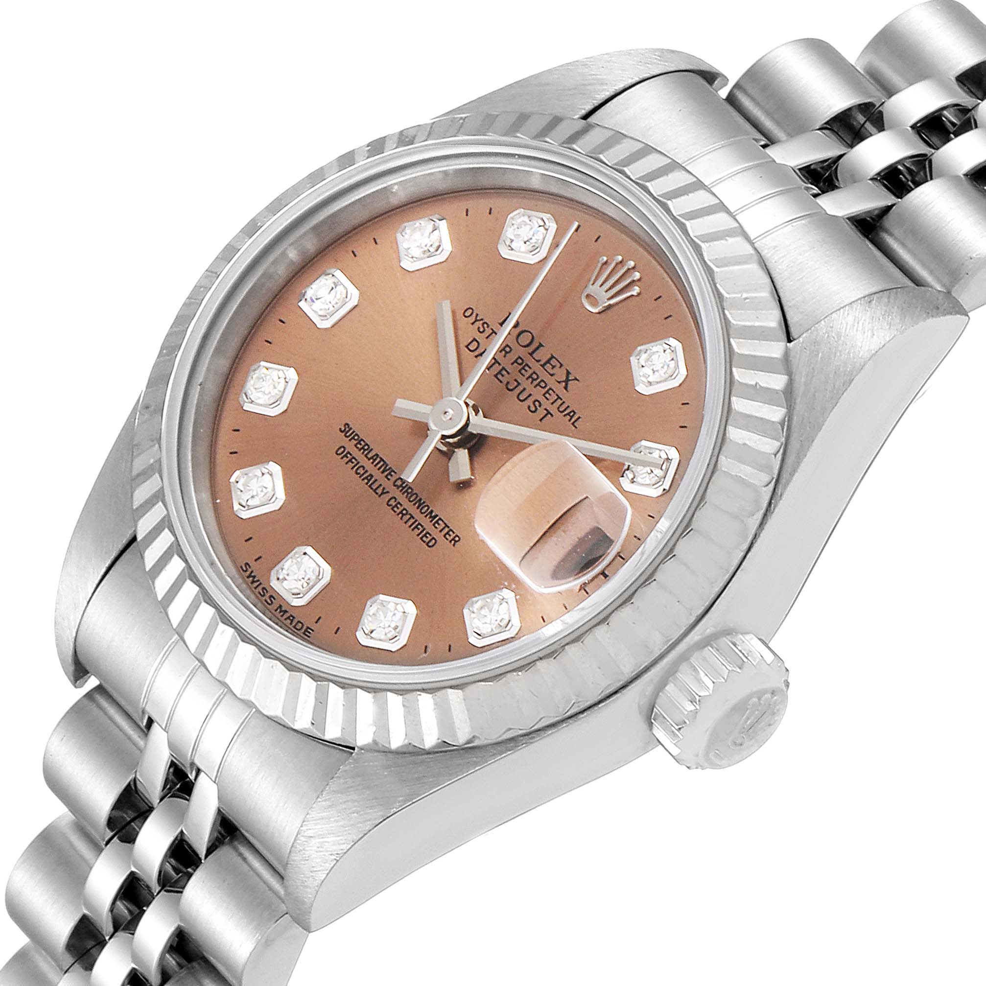 This Rolex Datejust 69174 Women's Stainless Steel Pink Dial 69174 Women's Stainless Steel Pink Dial watch is shown at an angled view, highlighting the dial, bezel, crown, and part of the bracelet.