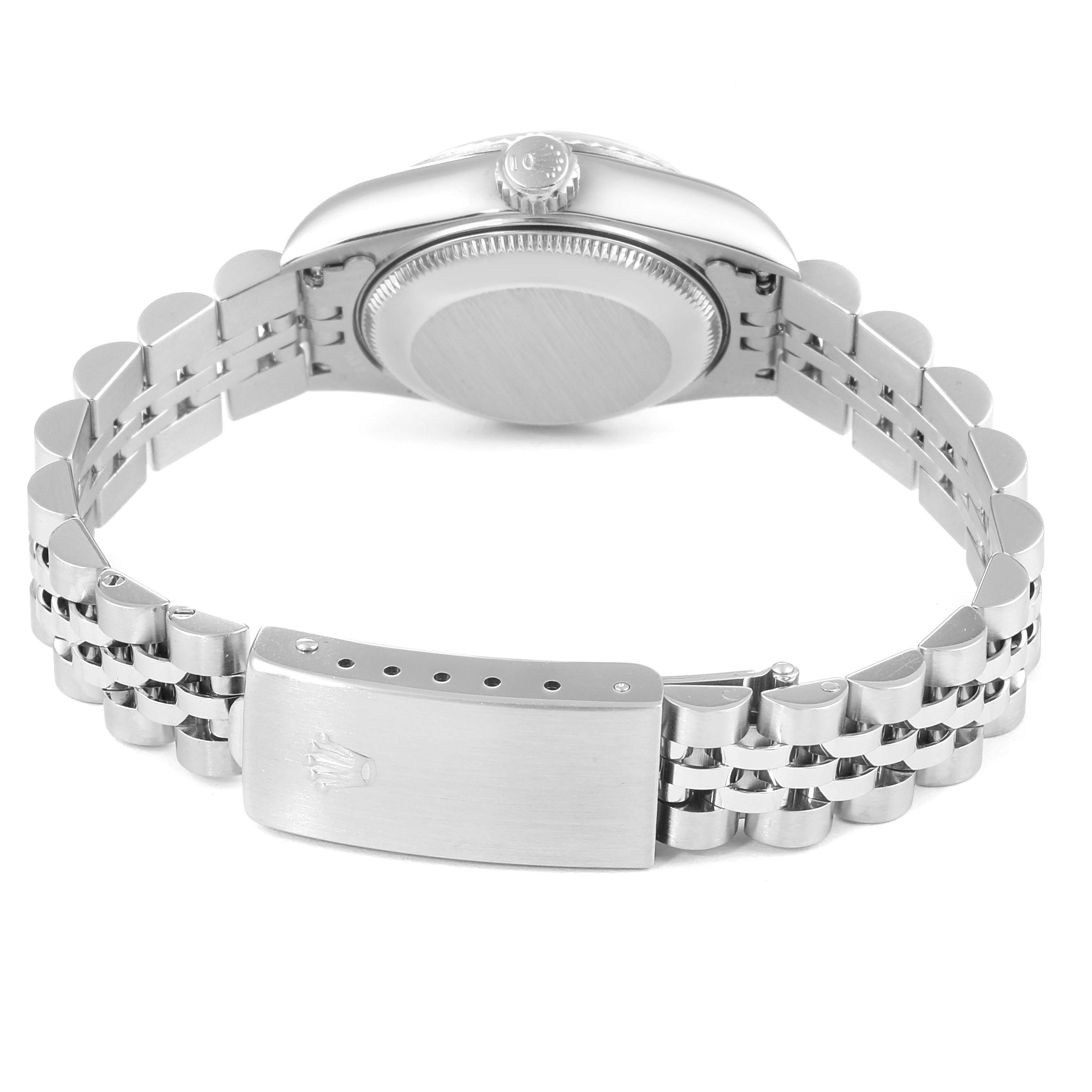 This image shows the back and bracelet of a Rolex Datejust 69174 Women's Stainless Steel Pink Dial 69174 Women's Stainless Steel Pink Dial watch, including the clasp and case back.