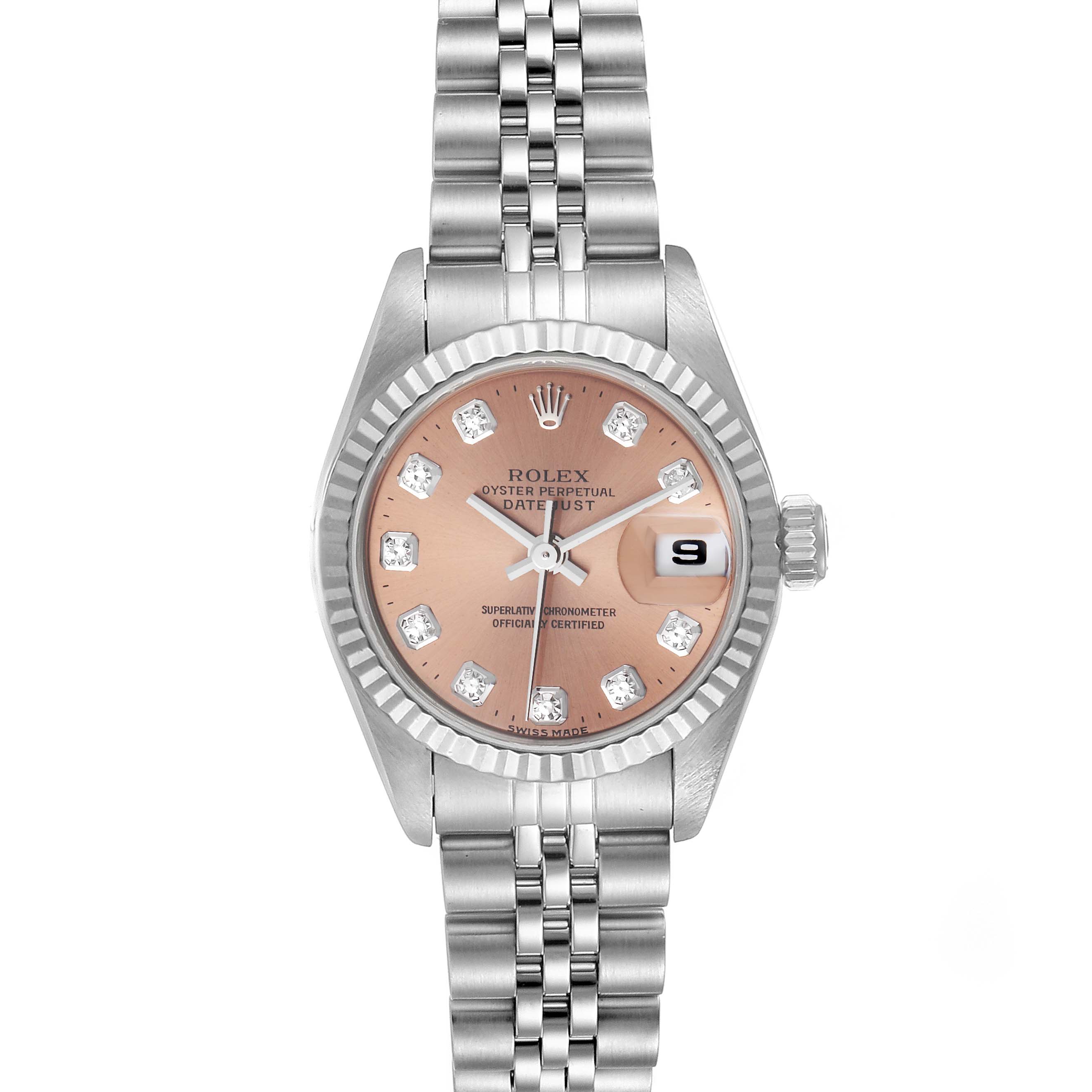 This image shows a front view of the Rolex Datejust 69174 Women's Stainless Steel Pink Dial 69174 Women's Stainless Steel Pink Dial watch displaying the face, bezel, crown, and part of the bracelet.
