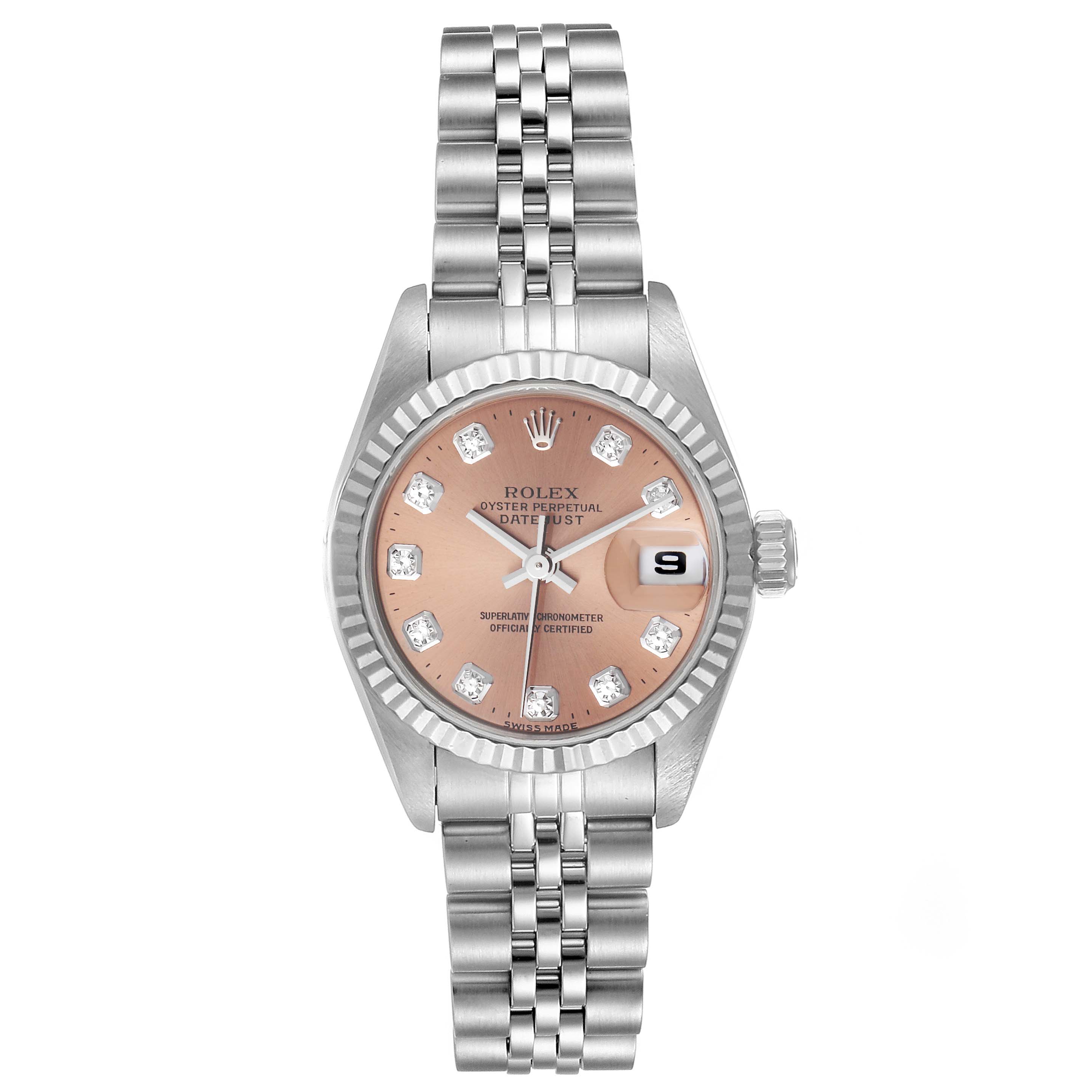 The image shows a Rolex Datejust 69174 Women's Stainless Steel Pink Dial 69174 Women's Stainless Steel Pink Dial watch from a straight-on angle, highlighting its dial, hands, date window, and bracelet.