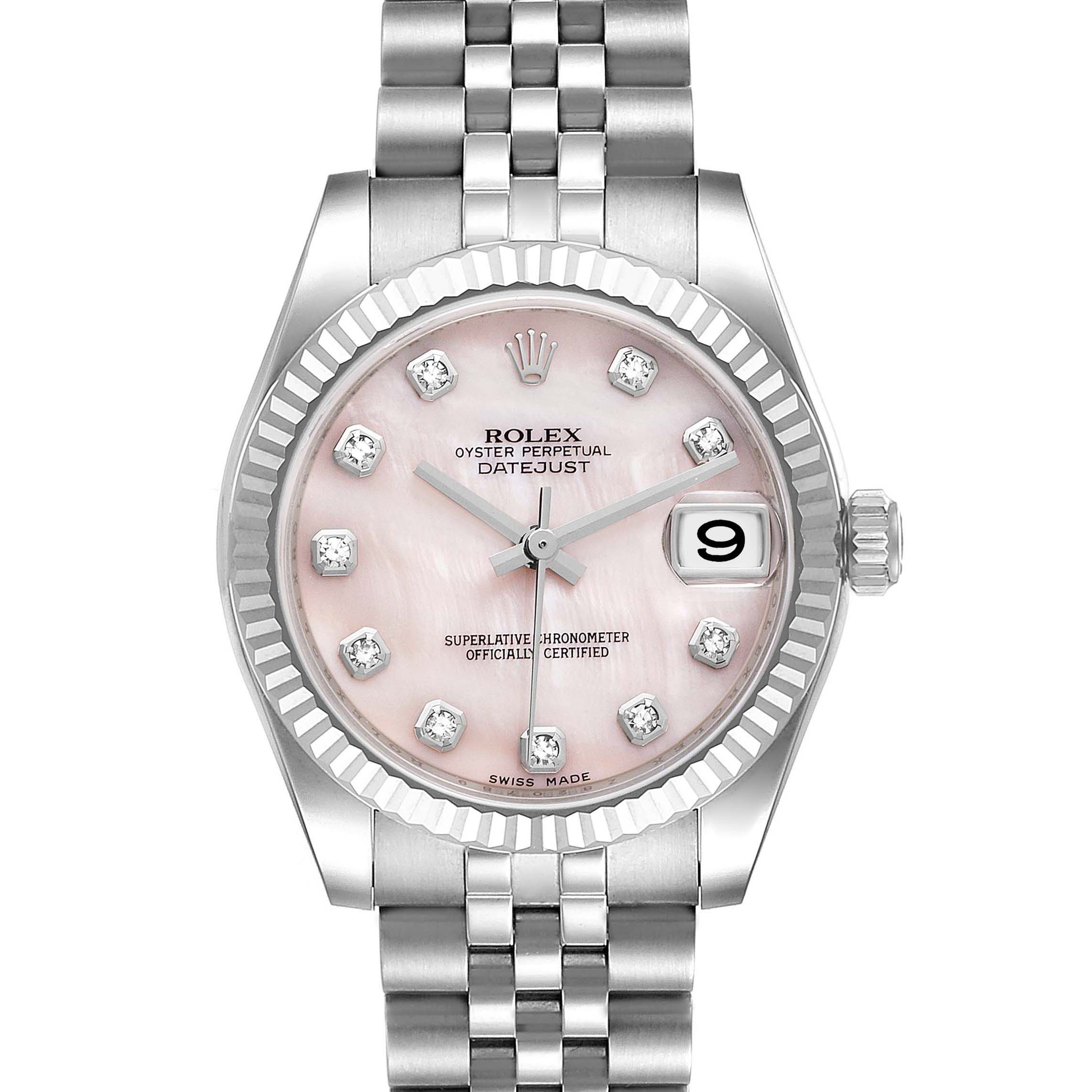 The image shows a front view of a Rolex Datejust Mid-Size watch, highlighting its dial, bezel, and bracelet.