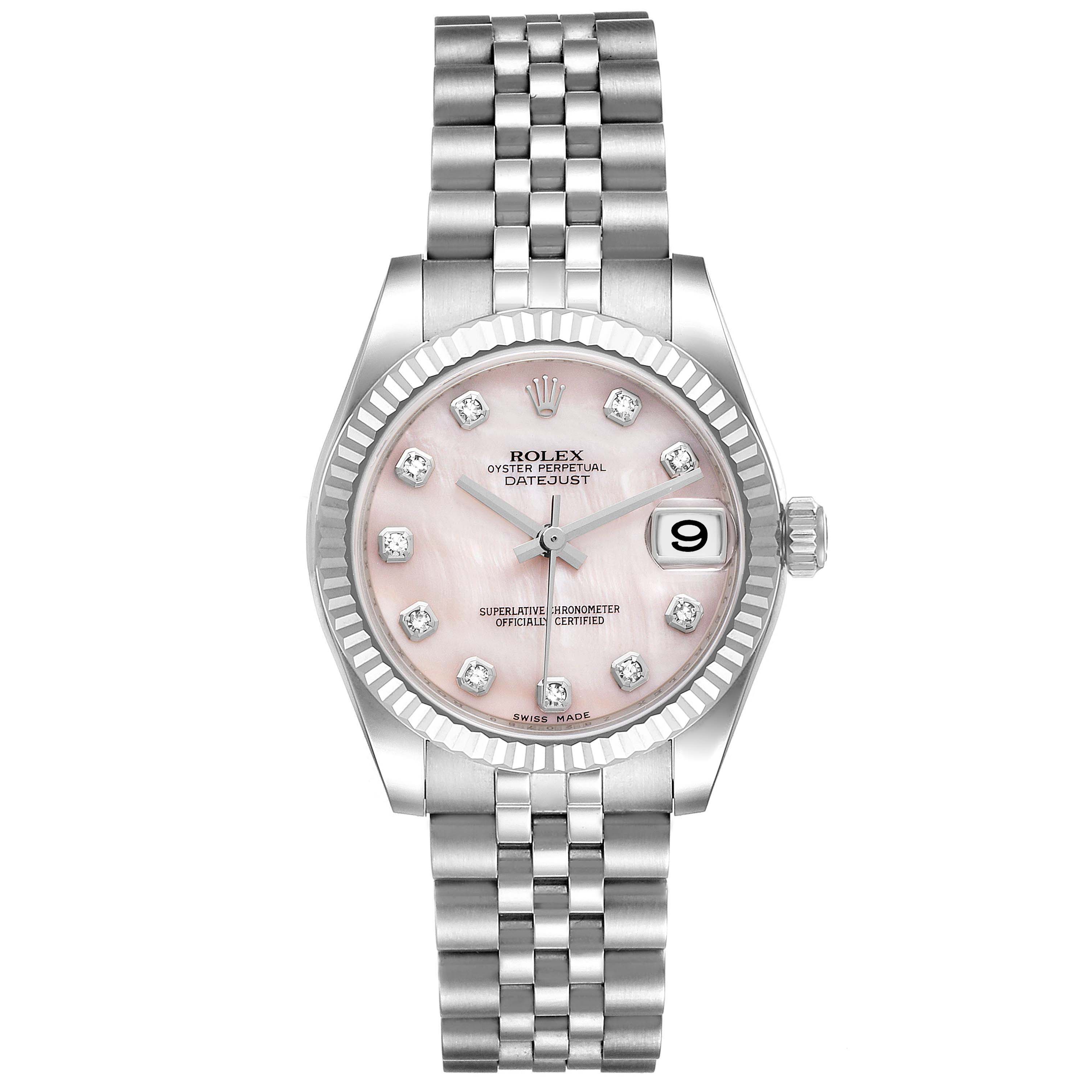 This is a front view of a Rolex Oyster Perpetual Datejust Mid-Size watch with a pink diamond-set dial and Jubilee bracelet.