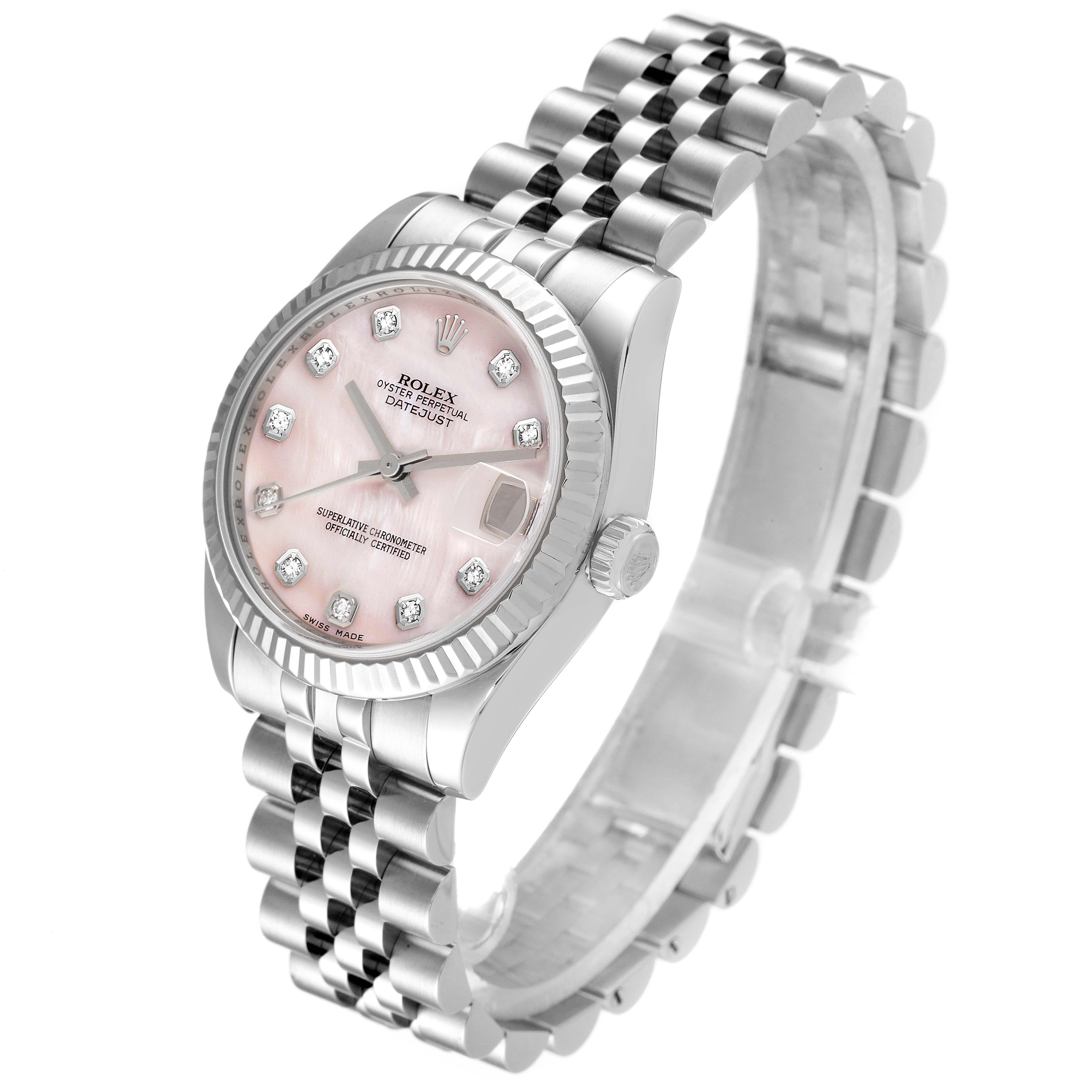This Rolex Mid-Size 178274 Women
s Stainless Steel Mother of Pearl Dial 178274 Women
s Stainless Steel Mother of Pearl Dial model watch is shown at an angled view highlighting the face, bezel, and bracelet.