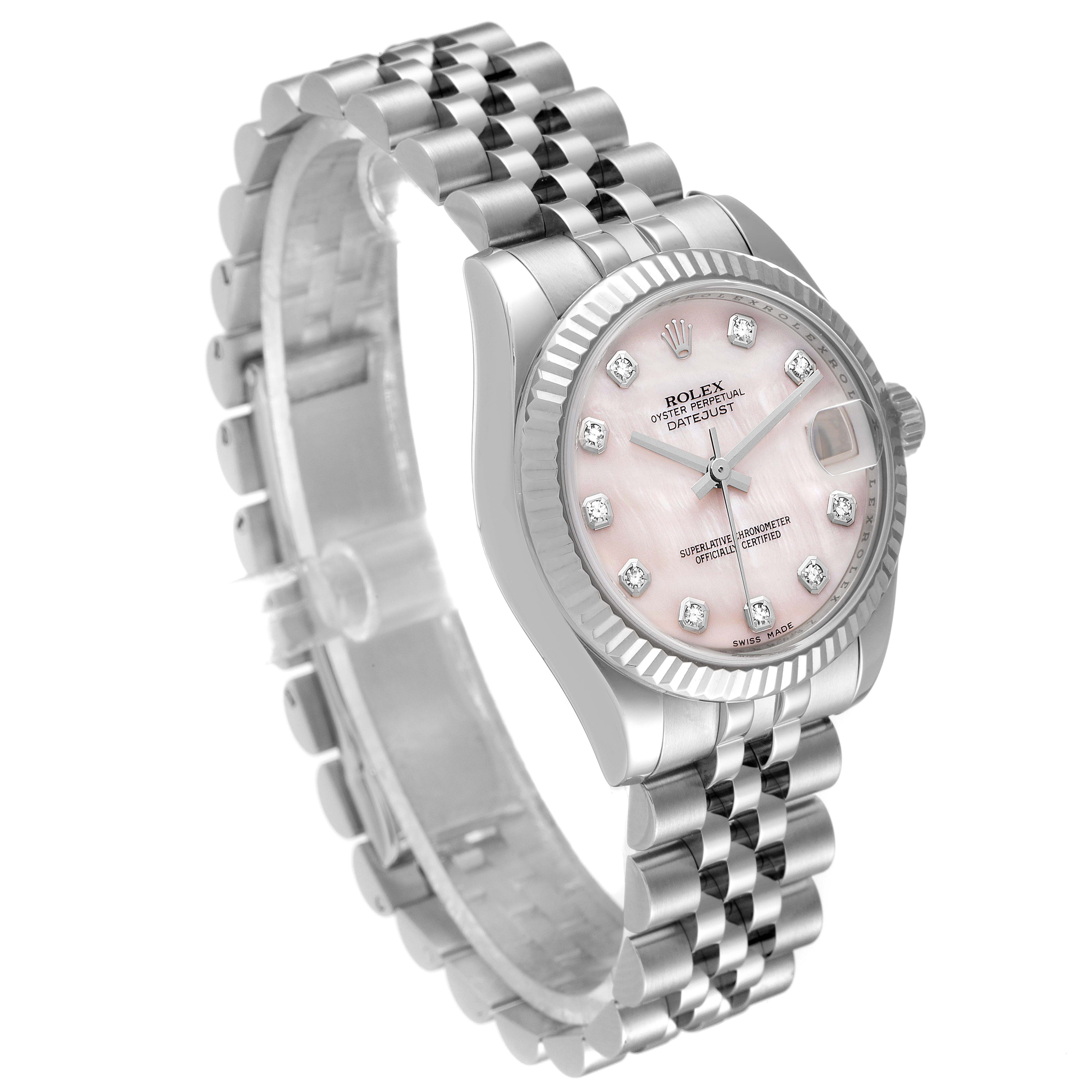 The image shows a Rolex Mid-Size 178274 Women
s Stainless Steel Mother of Pearl Dial 178274 Women
s Stainless Steel Mother of Pearl Dial watch, displaying its face, bezel, crown, and full bracelet at a slight angle.