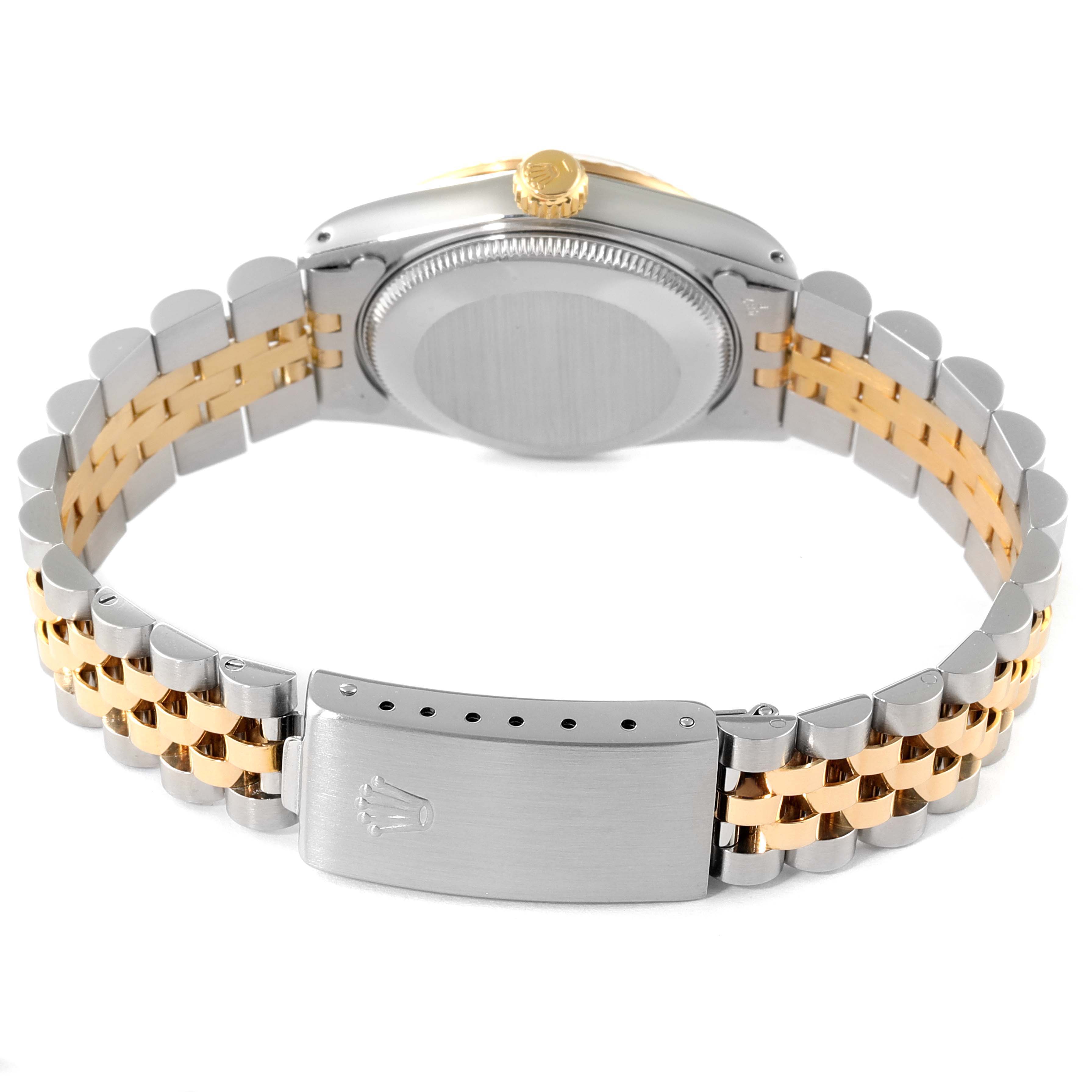 This image shows the back view of a Rolex Mid-Size 68273 Women
s Steel and Gold (two tone) White Dial 68273 Women
s Steel and Gold (two tone) White Dial model watch, highlighting its clasp, bracelet, case back, and winding crown.