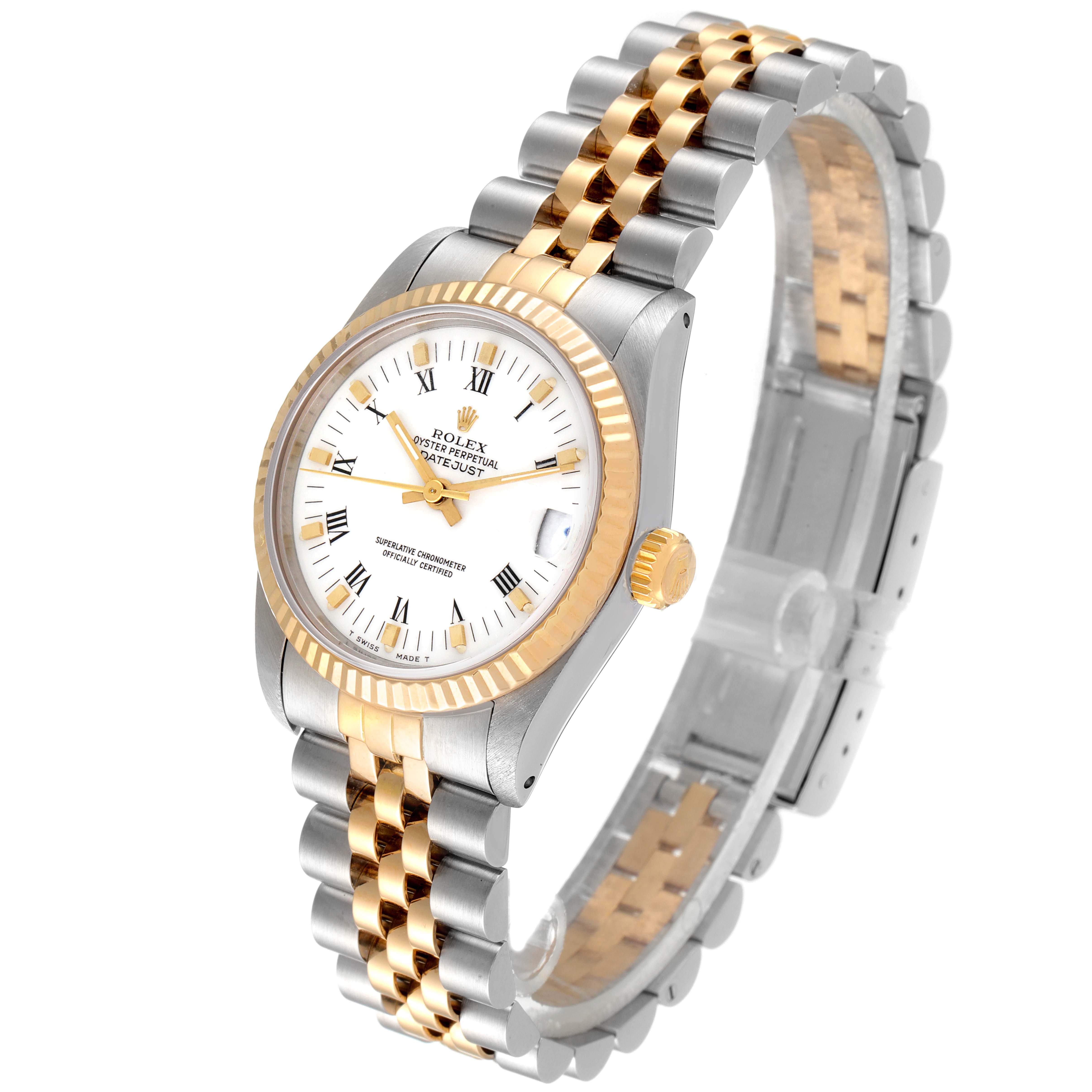 The image shows a Rolex Mid-Size 68273 Women
s Steel and Gold (two tone) White Dial 68273 Women
s Steel and Gold (two tone) White Dial model, angled slightly to the right, displaying the face, bezel, and two-tone bracelet.
