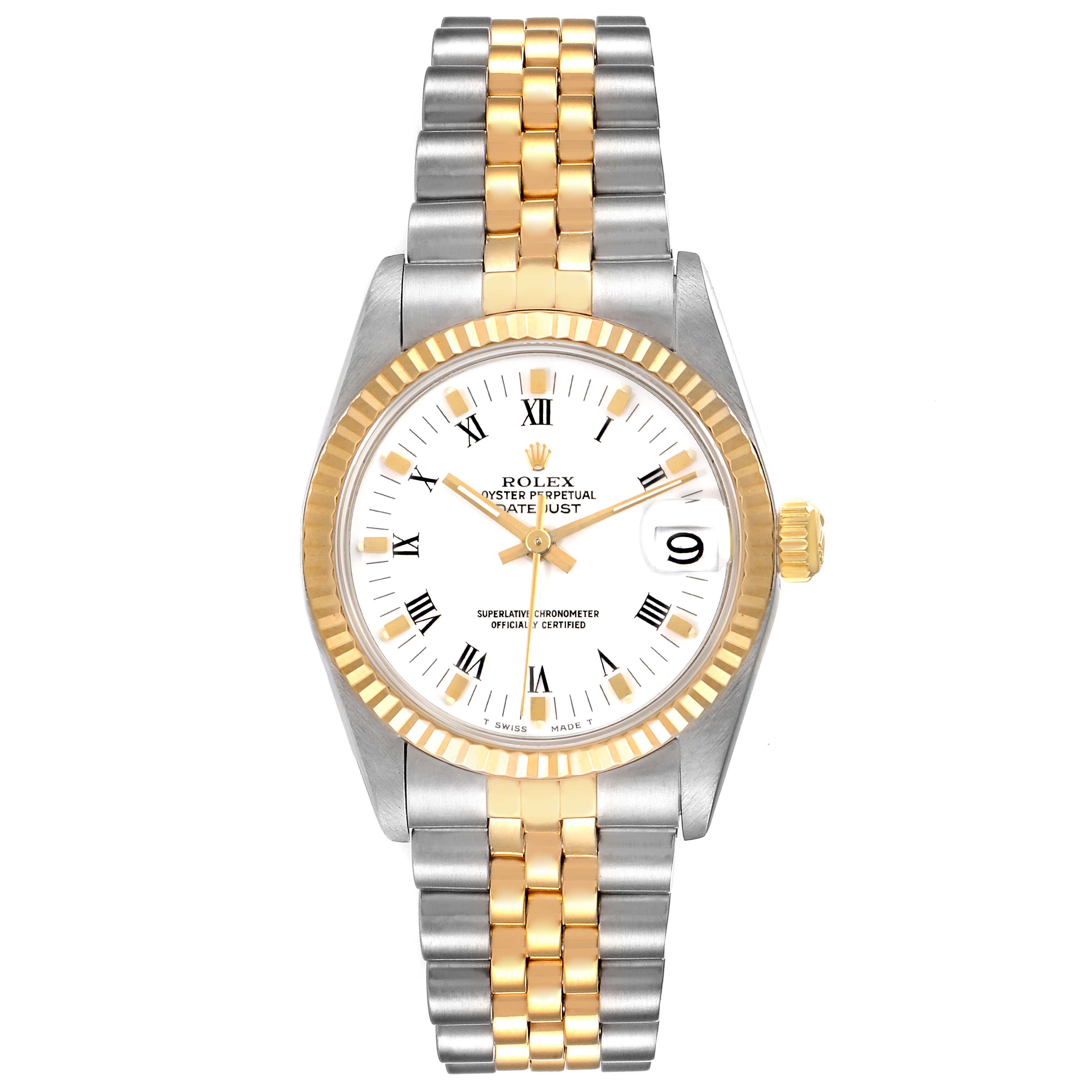 This image shows a Rolex Mid-Size 68273 Women
s Steel and Gold (two tone) White Dial 68273 Women
s Steel and Gold (two tone) White Dial Datejust watch from a top view, featuring a two-tone bracelet and a white dial with Roman numerals.