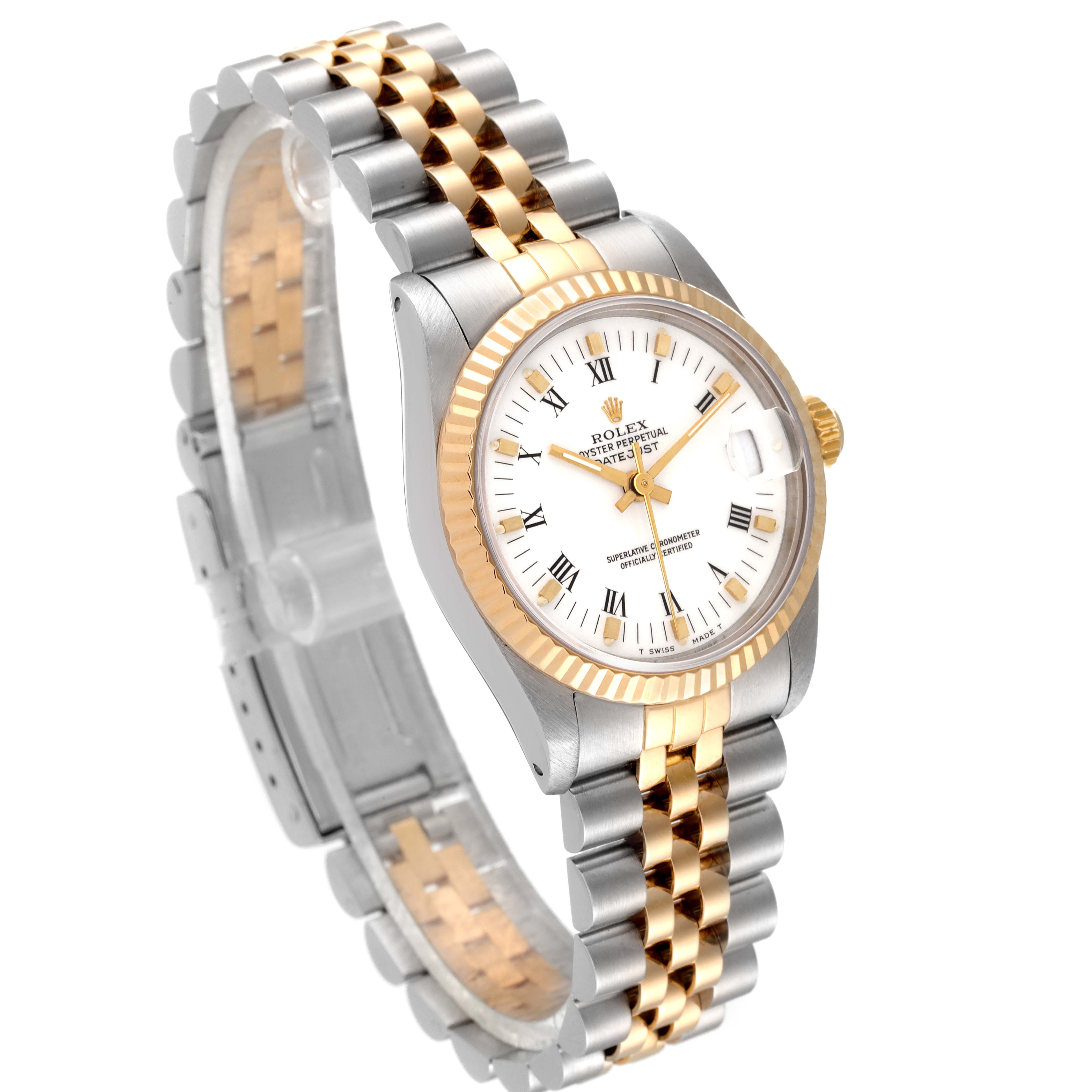 The Rolex Mid-Size 68273 Women
s Steel and Gold (two tone) White Dial 68273 Women
s Steel and Gold (two tone) White Dial watch is shown at a three-quarter angle, highlighting the two-tone bracelet and the face with Roman numerals.