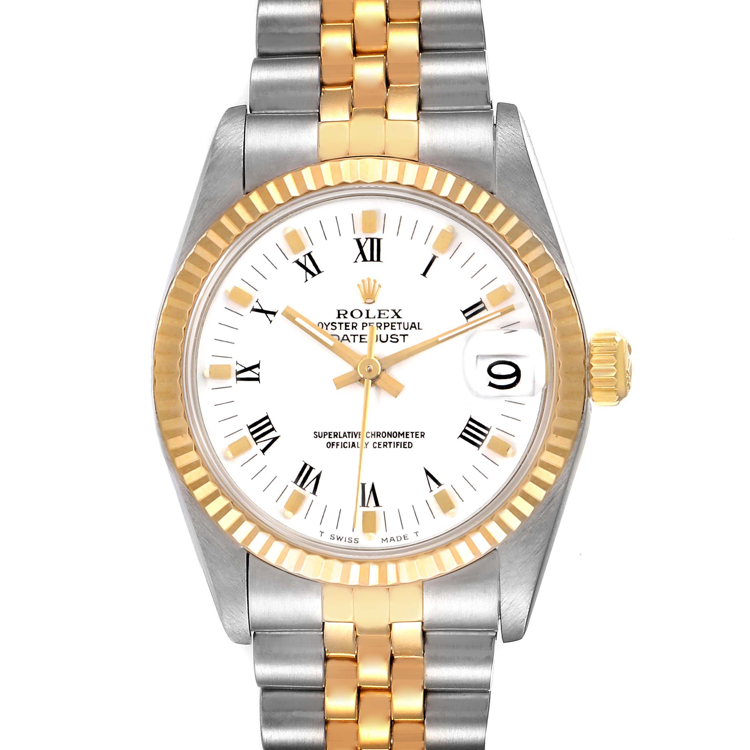 This image shows a front view of the Mid-Size Rolex Oyster Perpetual Datejust, featuring a two-tone bracelet and Roman numeral markers.