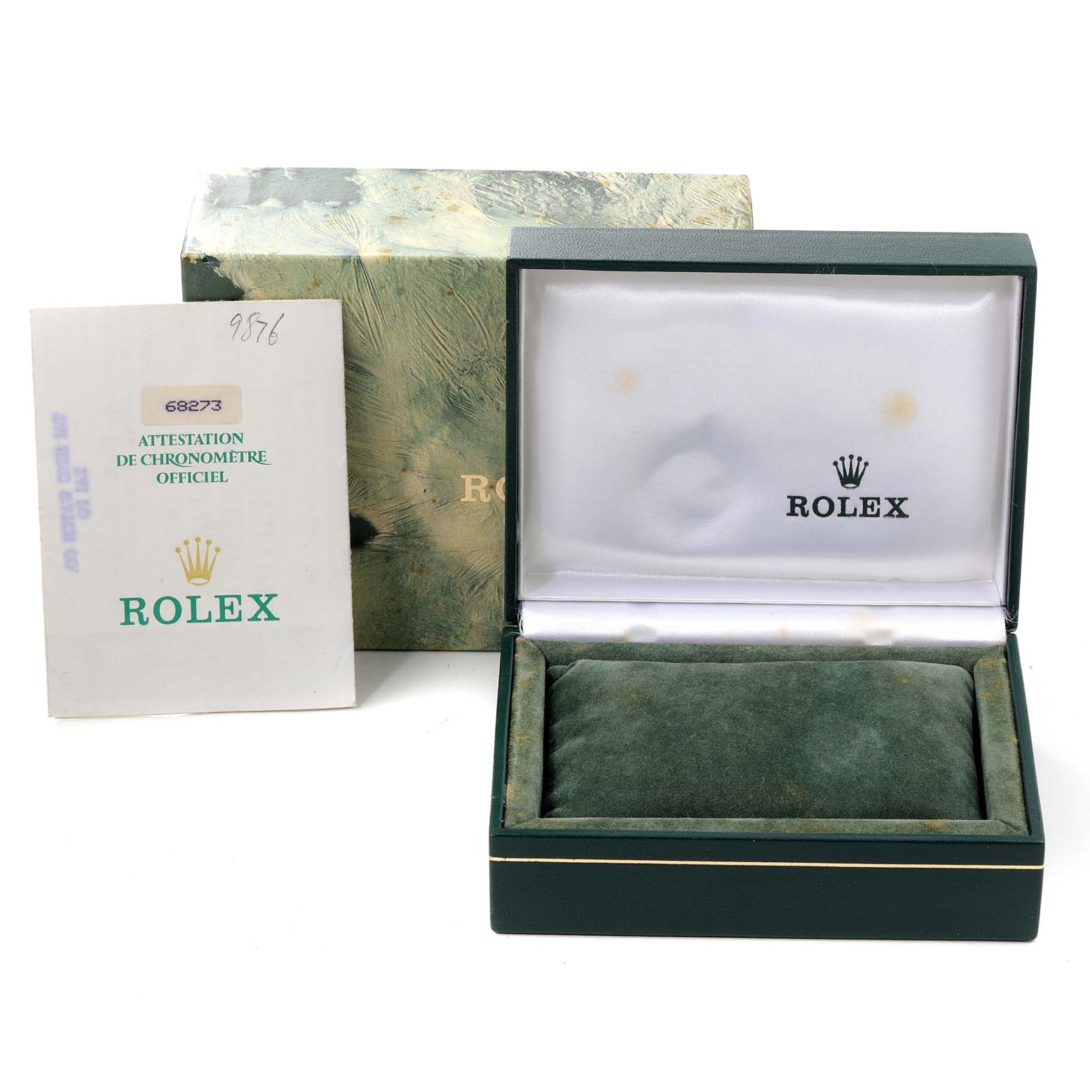 The image shows an empty Rolex Mid-Size 68273 Women
s Steel and Gold (two tone) White Dial 68273 Women
s Steel and Gold (two tone) White Dial model watch box, its outer box, and a certification booklet.