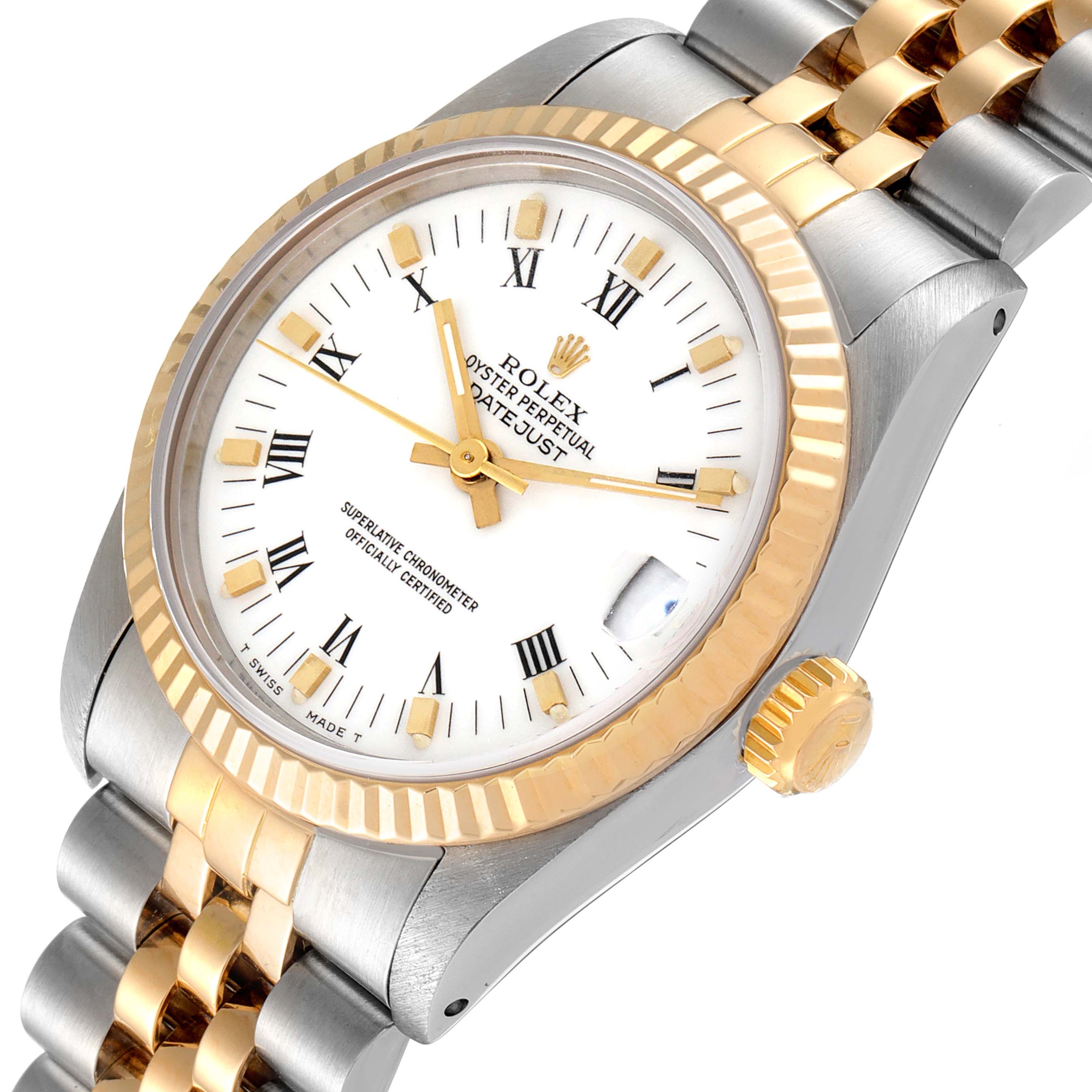 This image shows a Rolex Oyster Perpetual Datejust Mid-Size watch at a slight angle, showcasing the dial, bezel, crown, and part of the bracelet.
