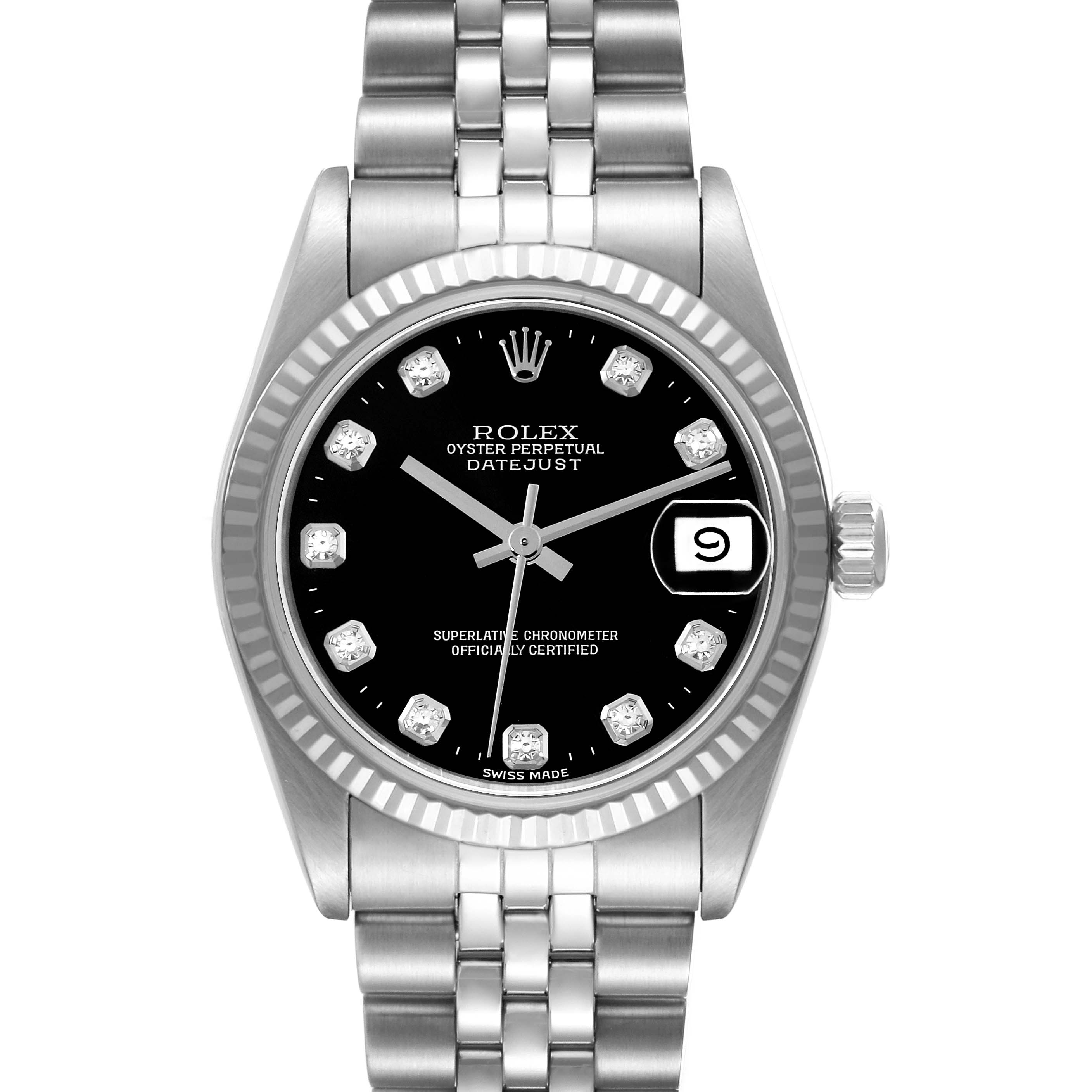 The Rolex Mid-Size 68274G Women's Stainless Steel Black Dial 68274G Women's Stainless Steel Black Dial Datejust is shown from a frontal angle, highlighting the dial, date window, and bracelet.