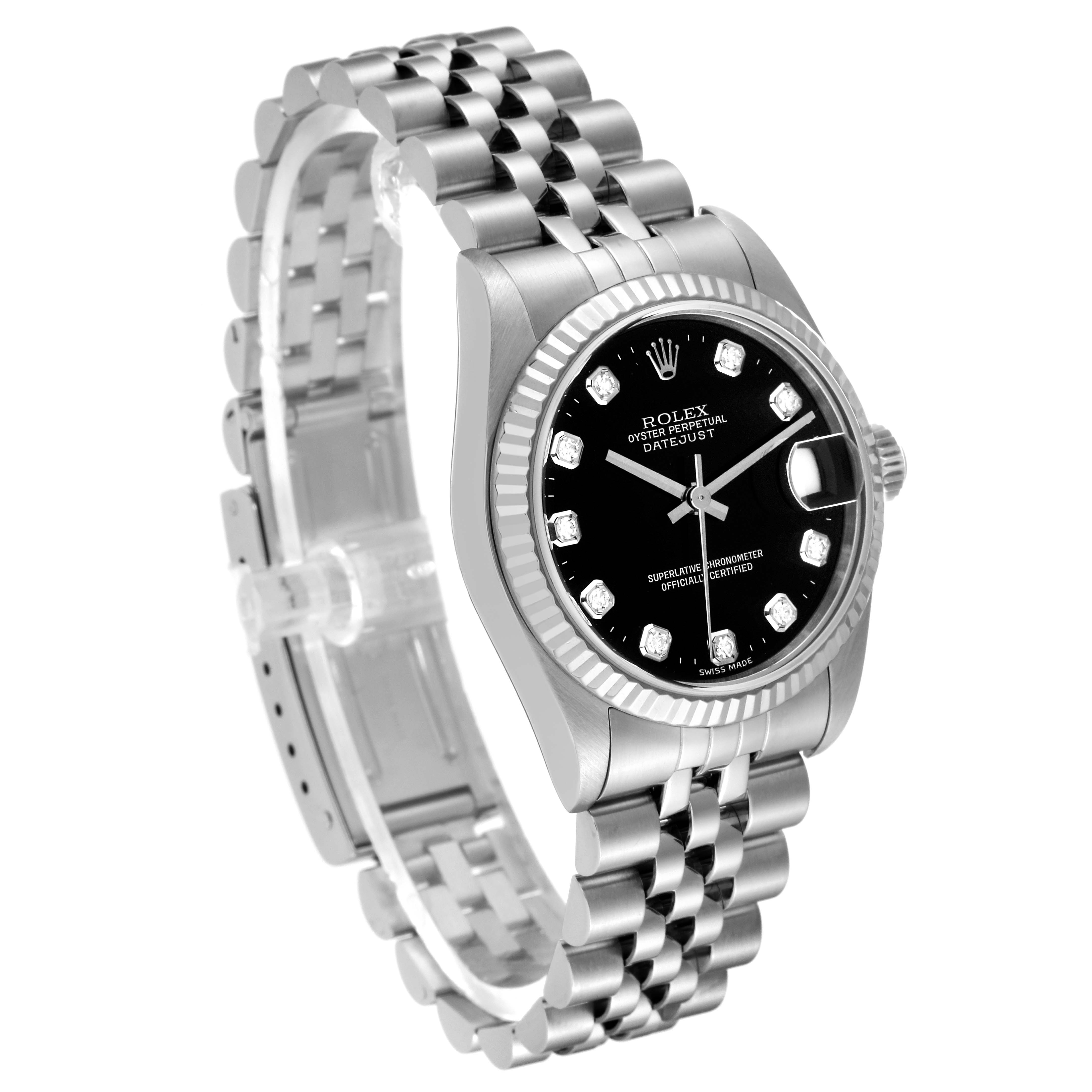 The image shows a side angle of a Rolex Mid-Size 68274G Women's Stainless Steel Black Dial 68274G Women's Stainless Steel Black Dial Datejust watch, highlighting its face, dial, bezel, and bracelet.