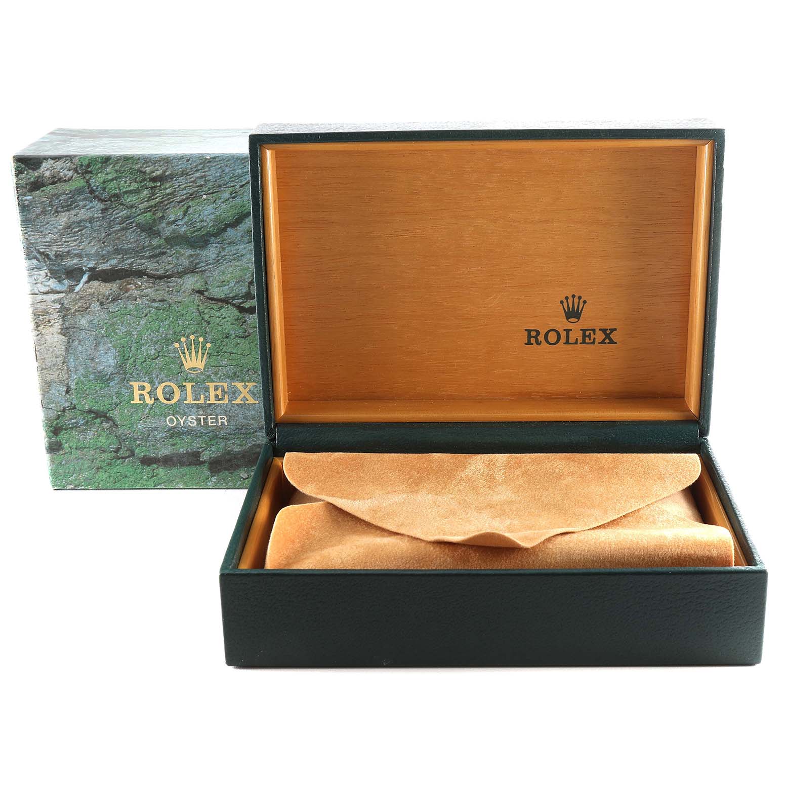 The image shows an open Rolex Oyster box with a gold-colored interior, designed for a mid-size Rolex watch, viewed from the front.