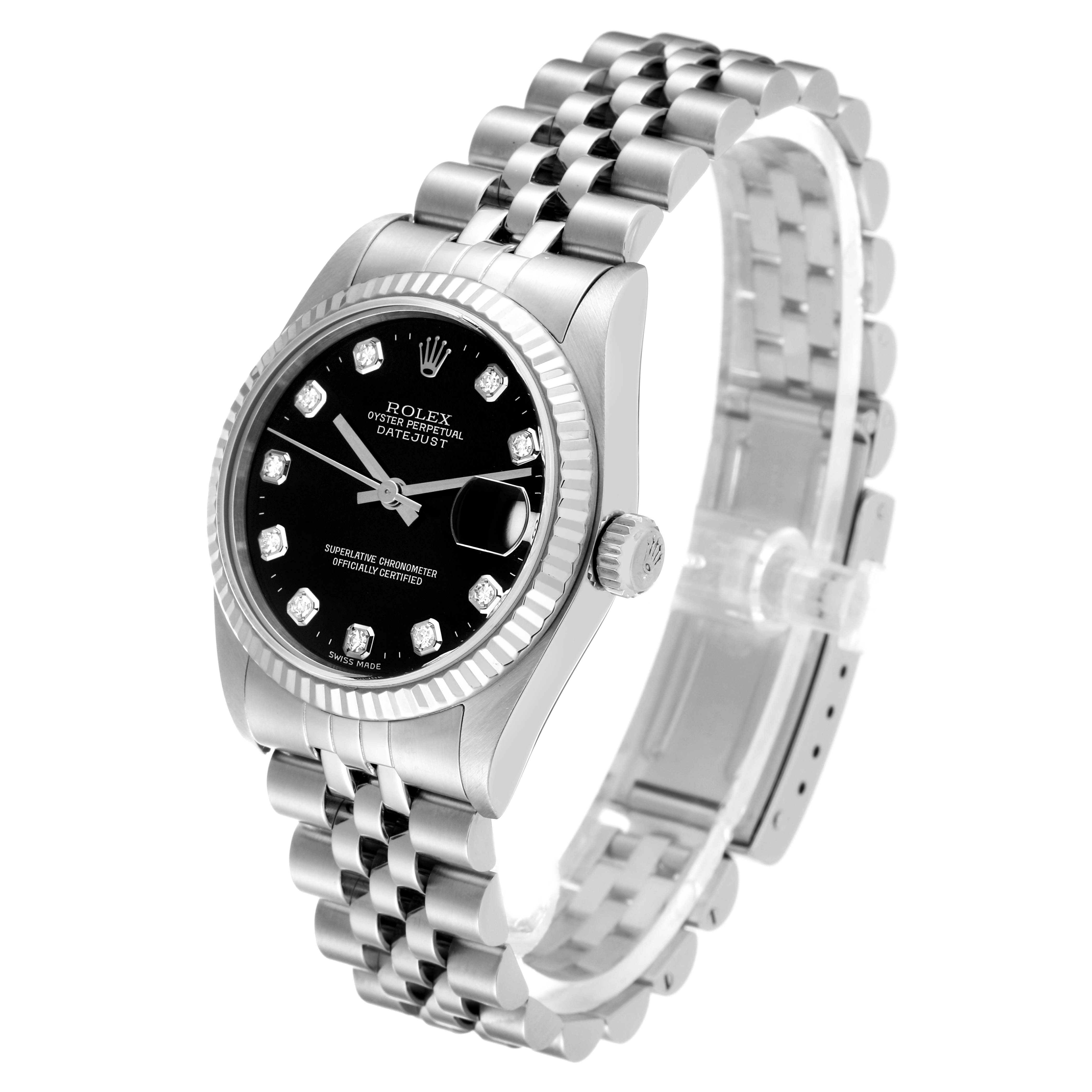 The image shows a Rolex Mid-Size 68274G Women's Stainless Steel Black Dial 68274G Women's Stainless Steel Black Dial Datejust watch at a three-quarter angle, featuring its black dial, fluted bezel, jubilee bracelet, and diamond hour markers.