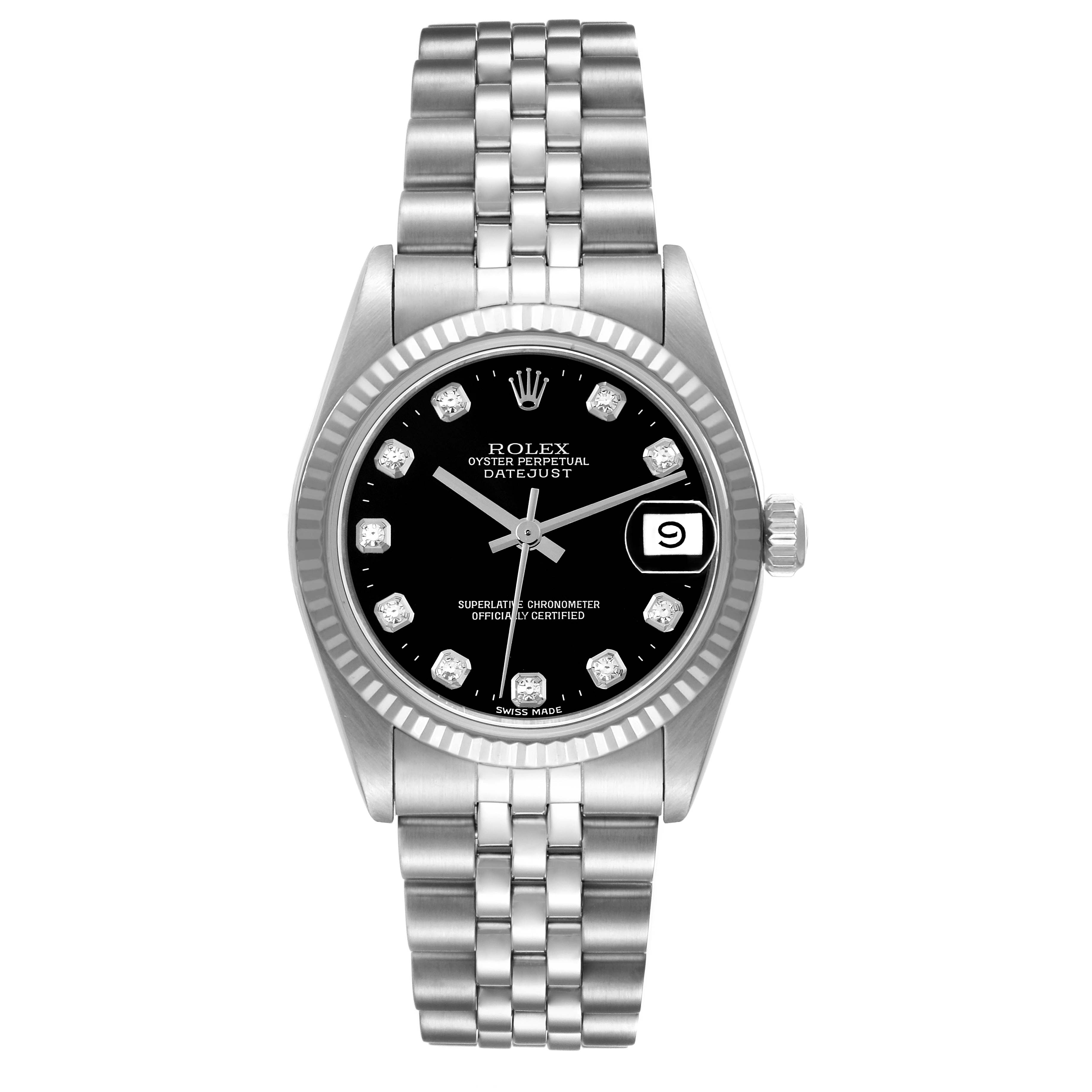 This image shows a Rolex Oyster Perpetual Datejust Mid-Size model from a front angle, displaying the face and bracelet. 