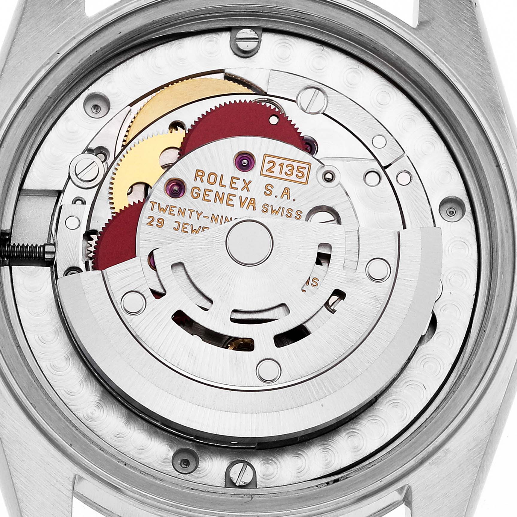 This image shows the internal mechanism of a Rolex Mid-Size 68274G Women's Stainless Steel Black Dial 68274G Women's Stainless Steel Black Dial watch, focusing on the movement and gears.