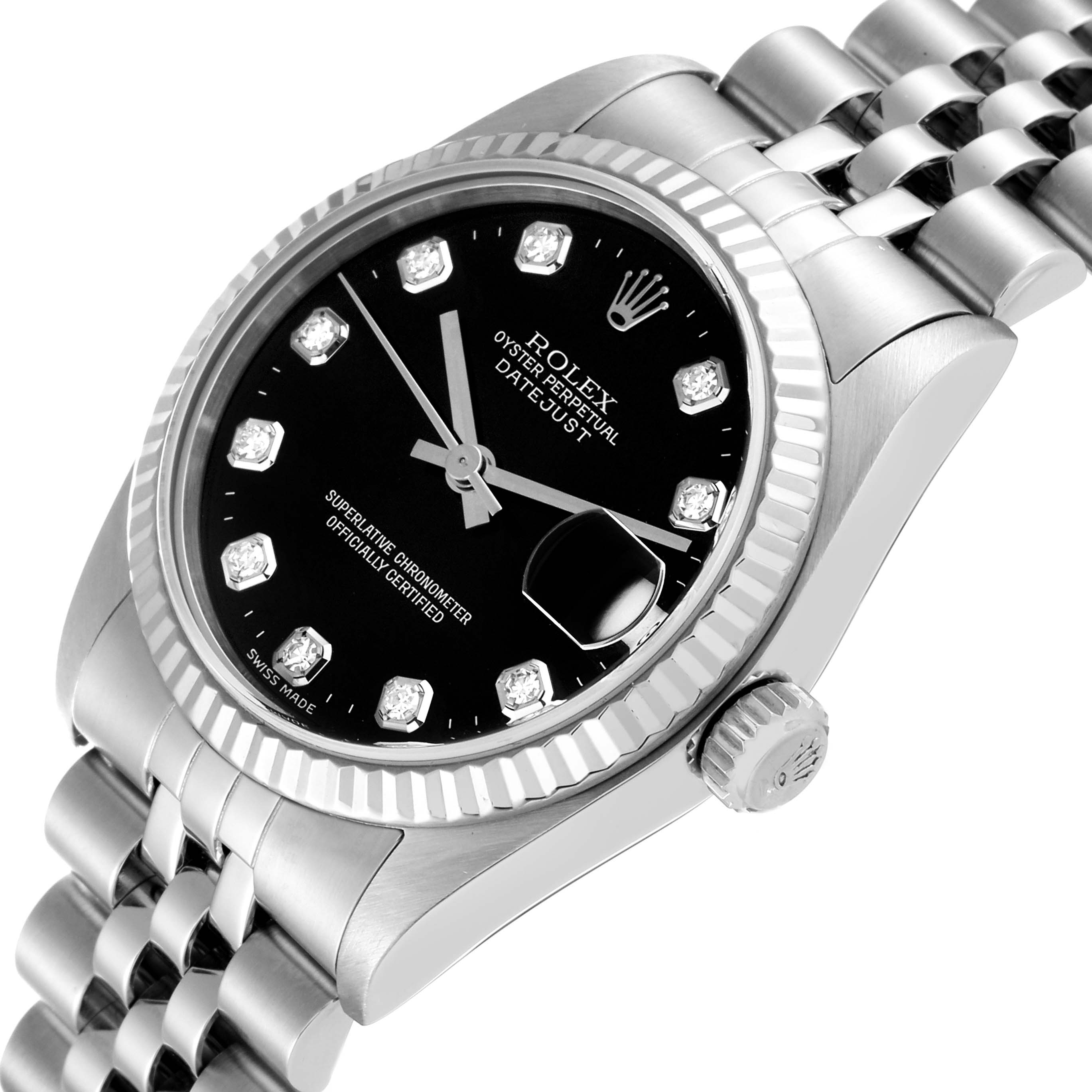 The image shows a Rolex Mid-Size 68274G Women's Stainless Steel Black Dial 68274G Women's Stainless Steel Black Dial Datejust watch at a slight angle, highlighting the dial, bezel, crown, and part of the bracelet.
