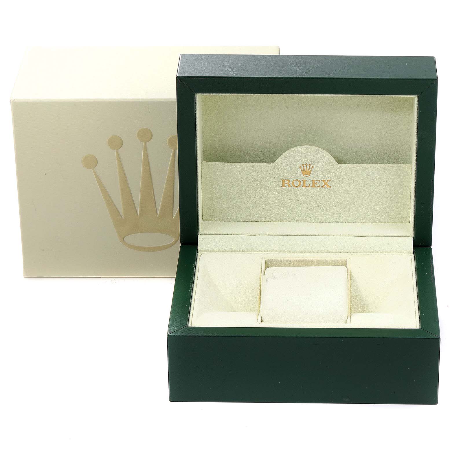 The image shows an open green Rolex box for a Mid-Size Rolex watch and its beige outer packaging.