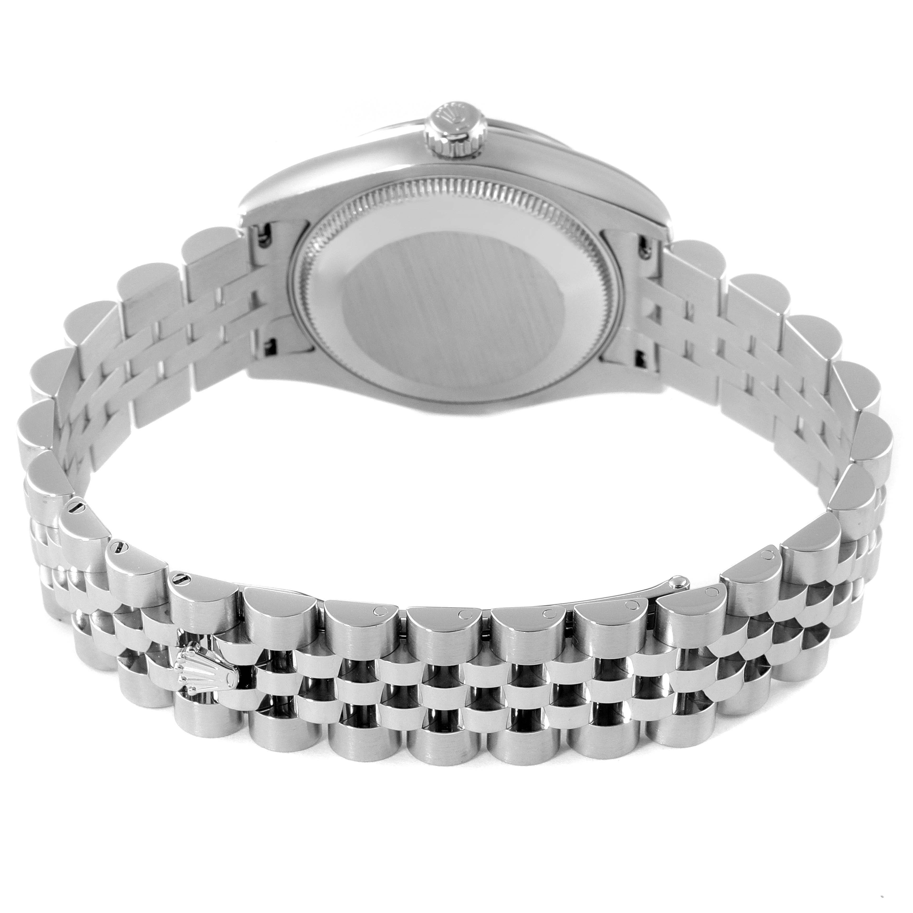 The image shows the back case and bracelet of a Rolex Mid-Size 178274 Women
s Stainless Steel Mother of Pearl Dial 178274 Women
s Stainless Steel Mother of Pearl Dial watch viewed from a rear angle.